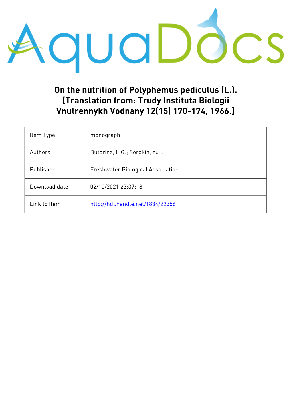 By L.G. Butorina And.Yu.I. Sorokin. Trudy Inst.Biol.Vnutr.Vod. 12(15), 170-174. Many Sides of the Biology of Polyphemus Pediculu