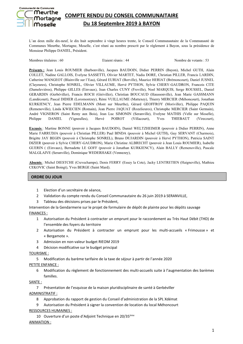 COMPTE RENDU DU CONSEIL COMMUNAITAIRE Du 18 Septembre 2019 À BAYON