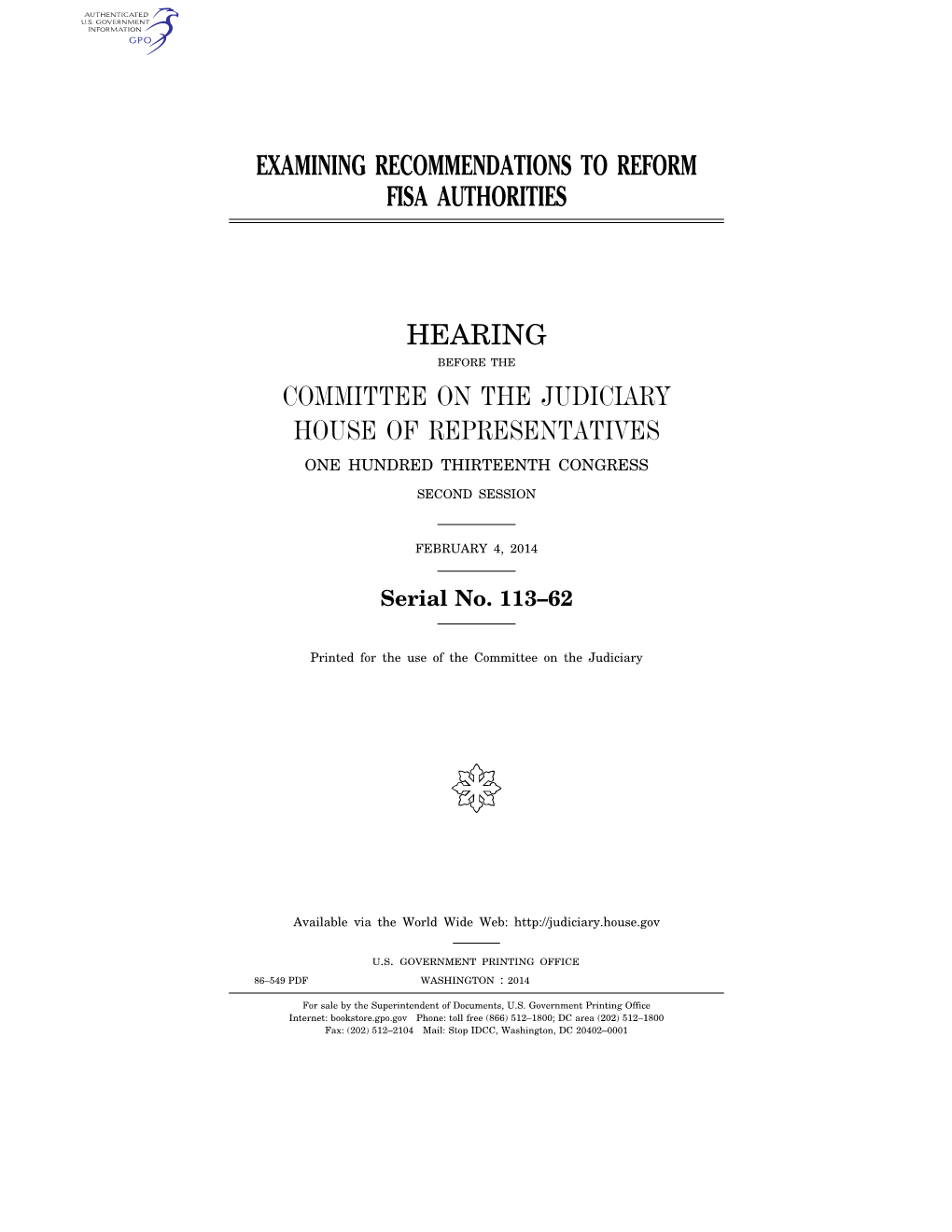 Examining Recommendations to Reform Fisa Authorities Hearing