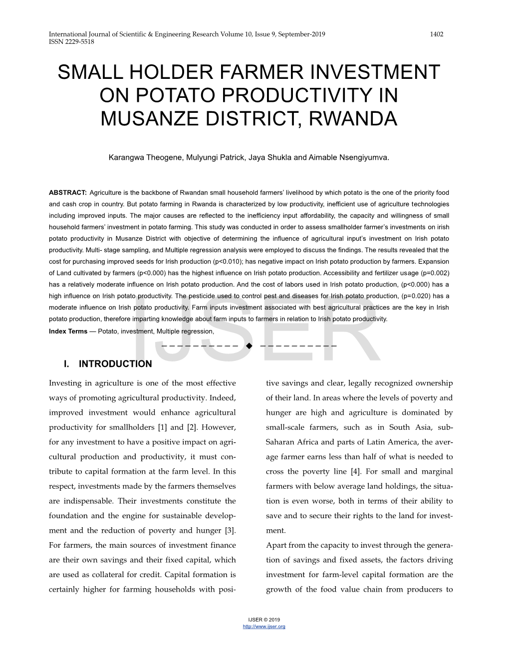 Small Holder Farmer Investment on Potato Productivity in Musanze District, Rwanda