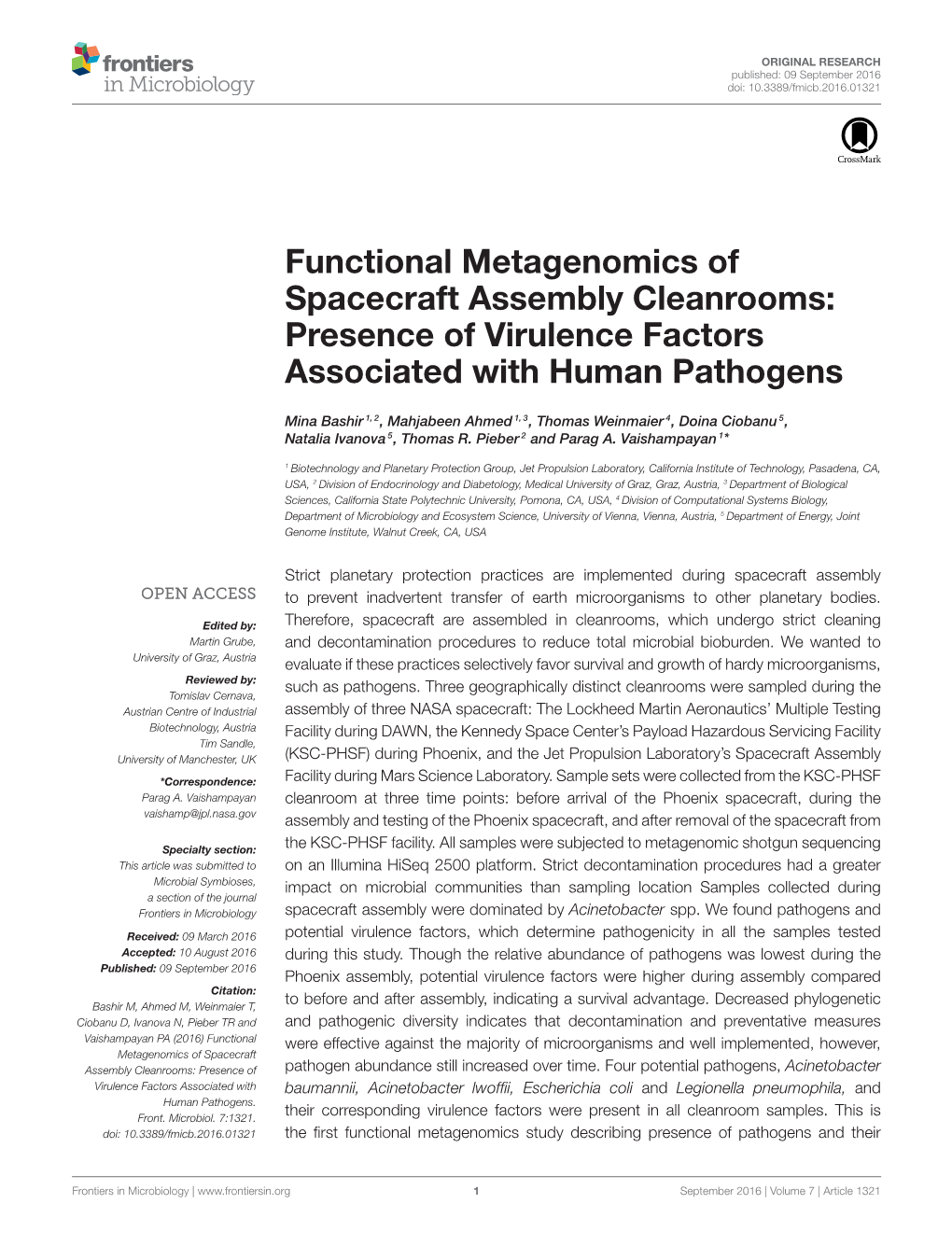 Functional Metagenomics of Spacecraft Assembly Cleanrooms: Presence of Virulence Factors Associated with Human Pathogens