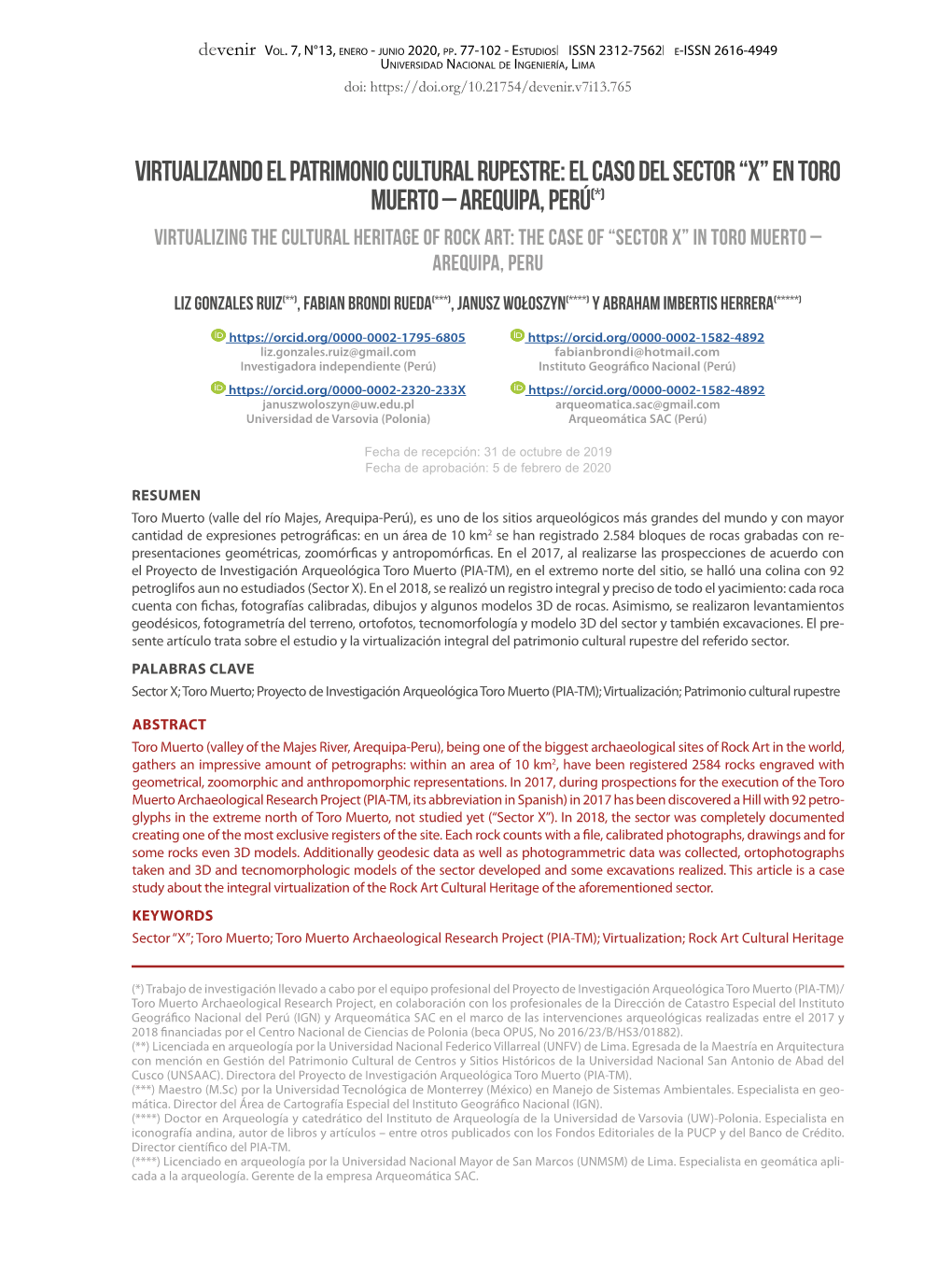 En Toro Muerto – Arequipa, Perú(*) Virtualizing the Cultural Heritage of Rock Art: the Case of “Sector X” in Toro Muerto – Arequipa, Peru