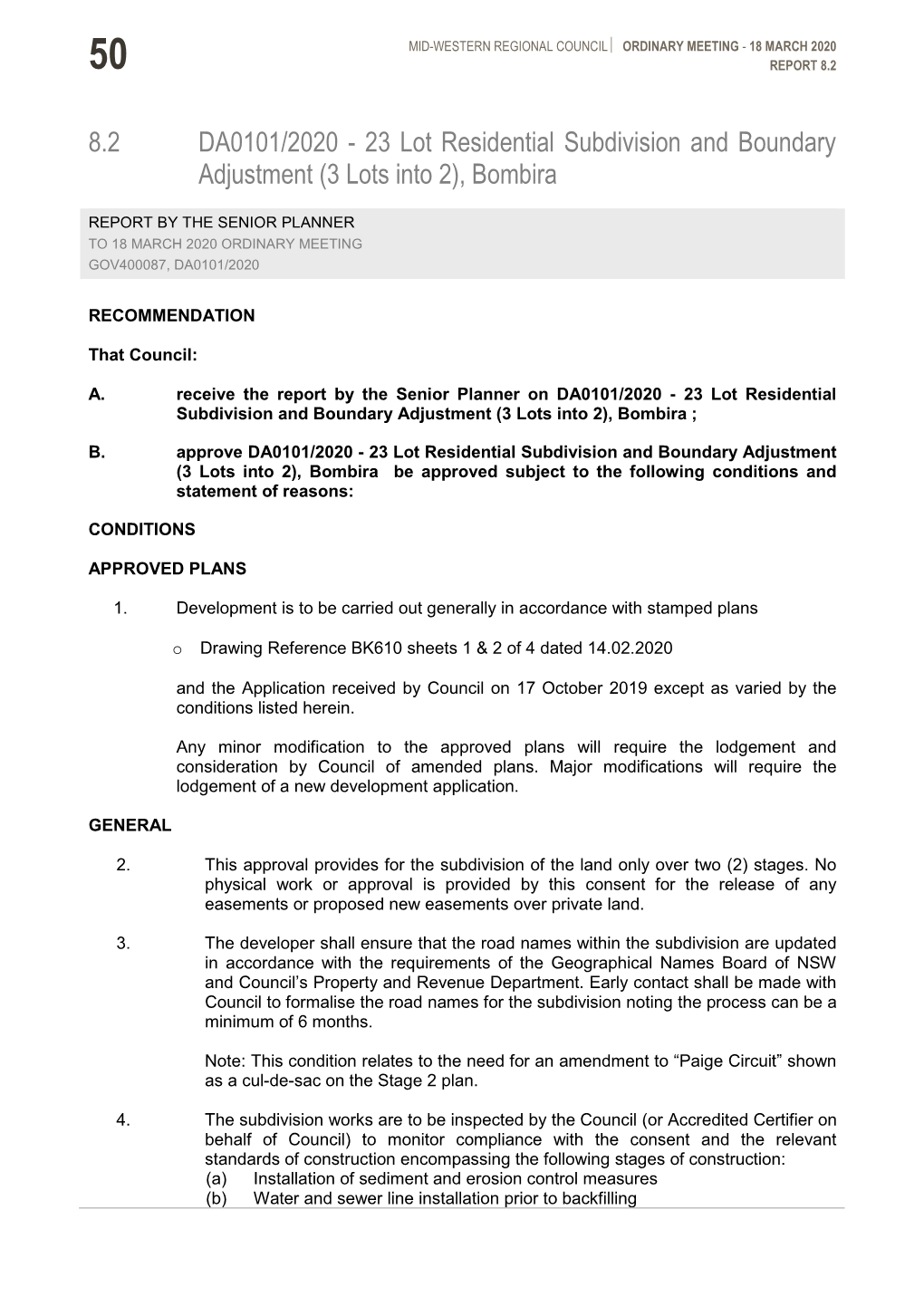 8.2 DA0101/2020 - 23 Lot Residential Subdivision and Boundary Adjustment (3 Lots Into 2), Bombira