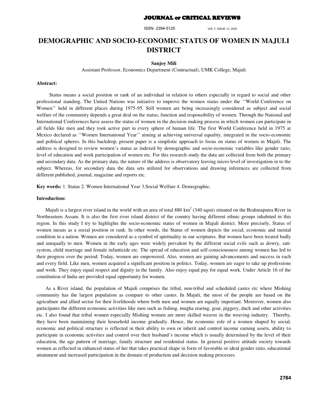 Demographic and Socio-Economic Status of Women in Majuli District