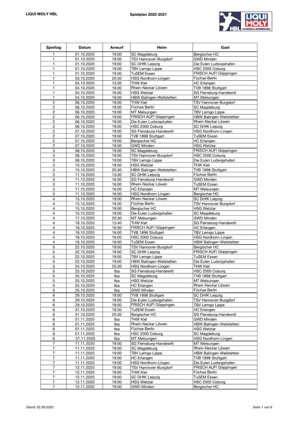 LIQUI MOLY HBL Spielplan 2020-2021 Spieltag Datum Anwurf