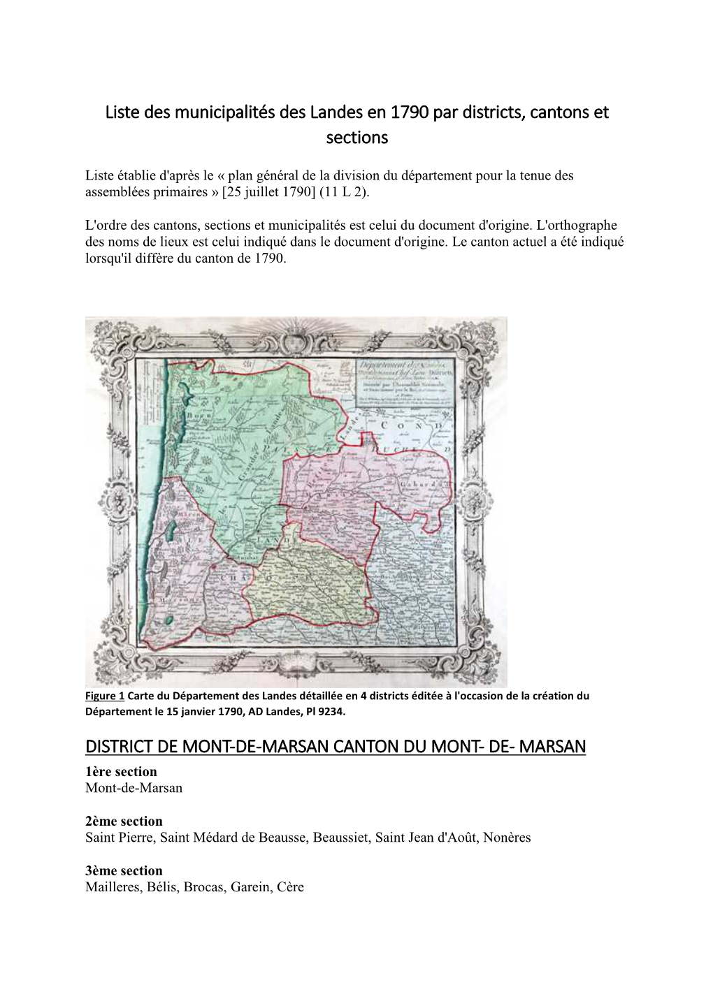 Liste Des Municipalités Des Landes En 1790 Par Districts, Cantons Et Sections