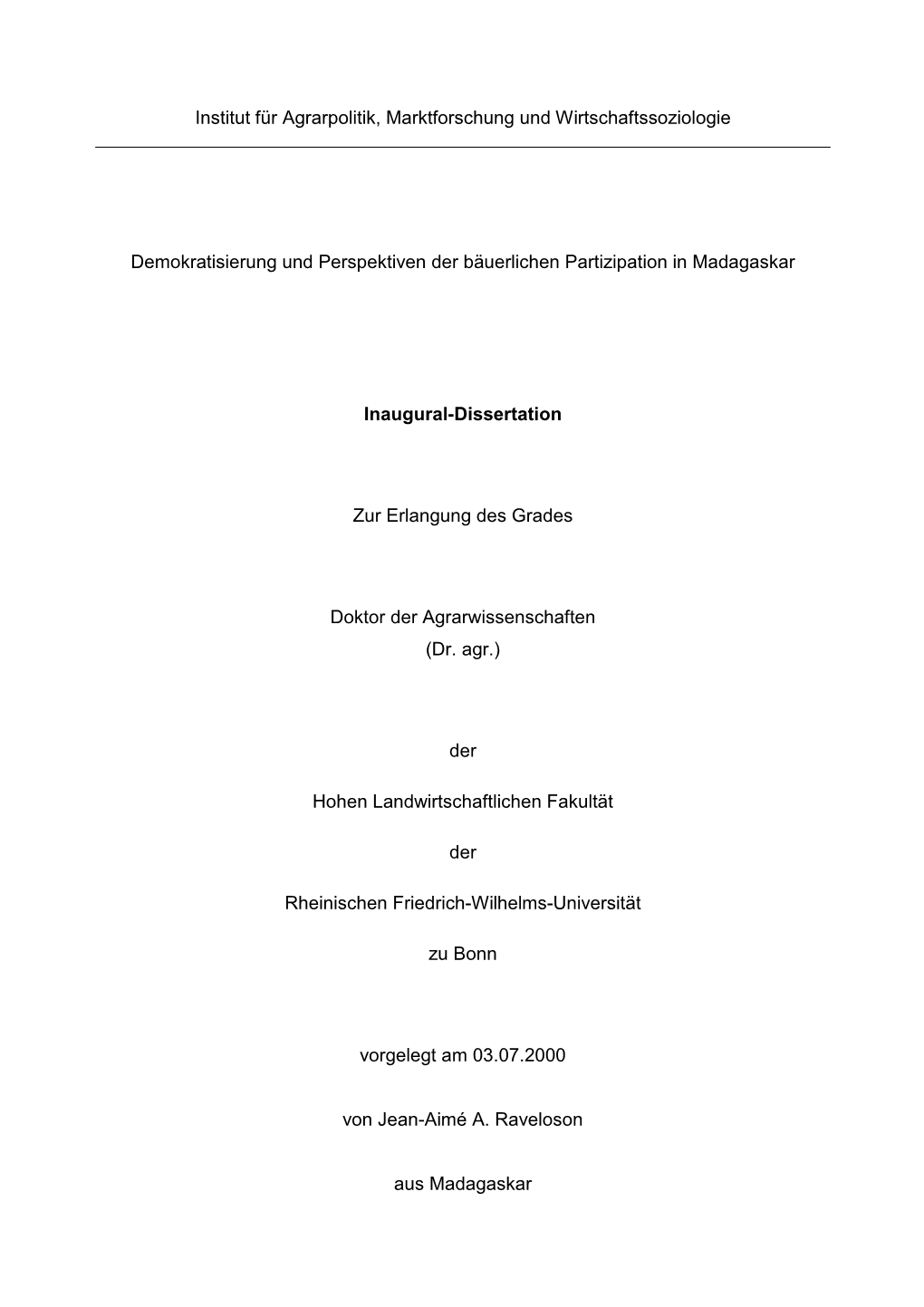 Institut Für Agrarpolitik, Marktforschung Und Wirtschaftssoziologie Demokratisierung Und Perspektiven Der Bäuerlichen Partizip