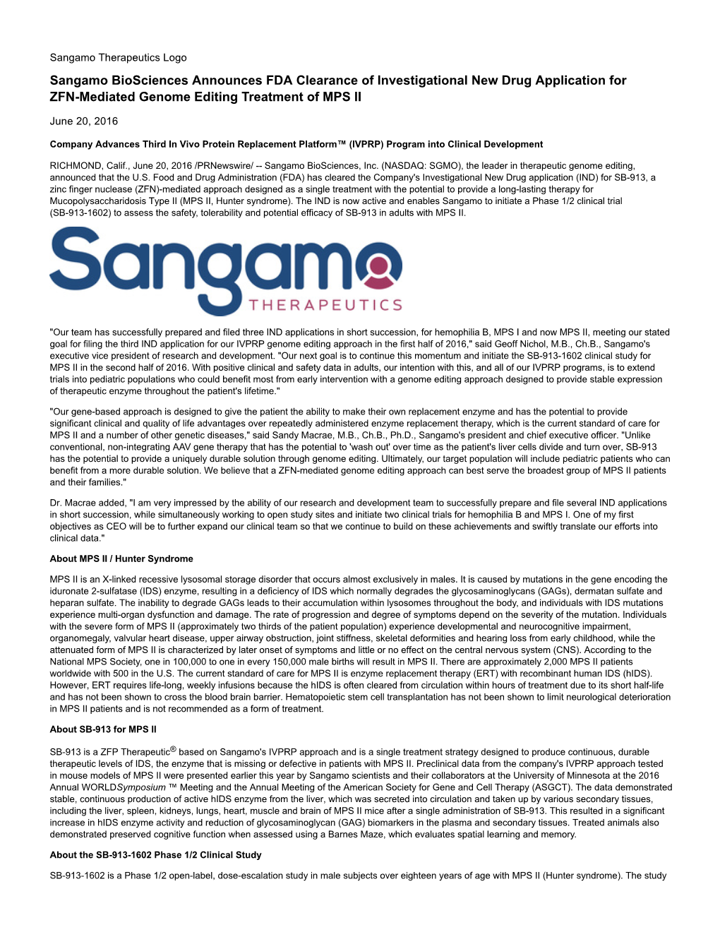 Sangamo Biosciences Announces FDA Clearance of Investigational New Drug Application for ZFN-Mediated Genome Editing Treatment of MPS II