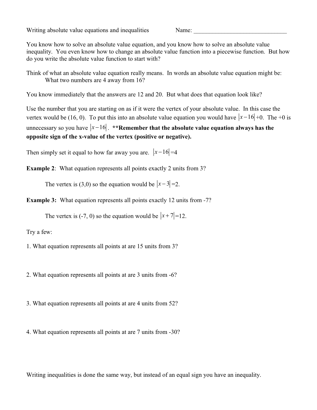 Writing Absolute Value Equations and Inequalities