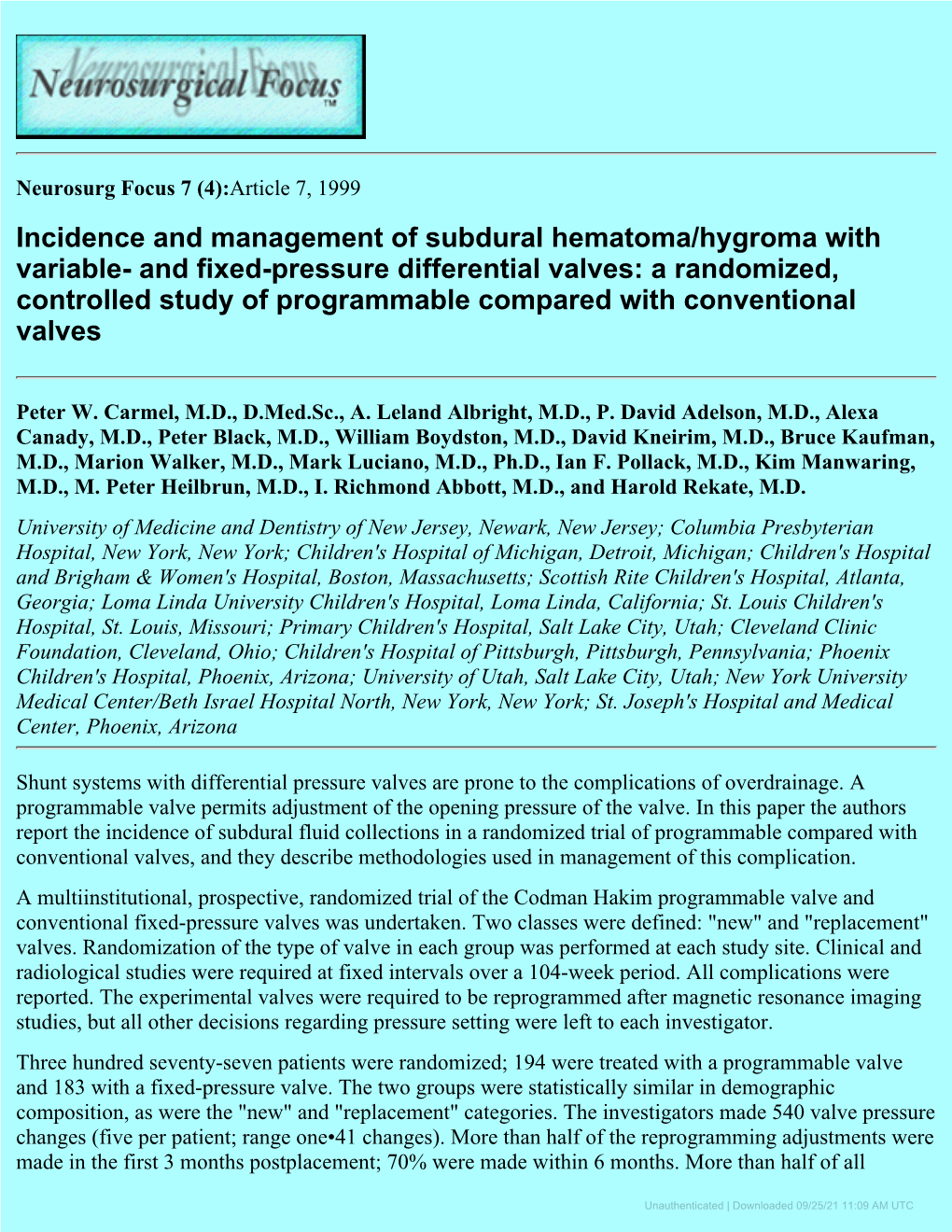 Incidence and Management of Subdural Hematoma/Hygroma With