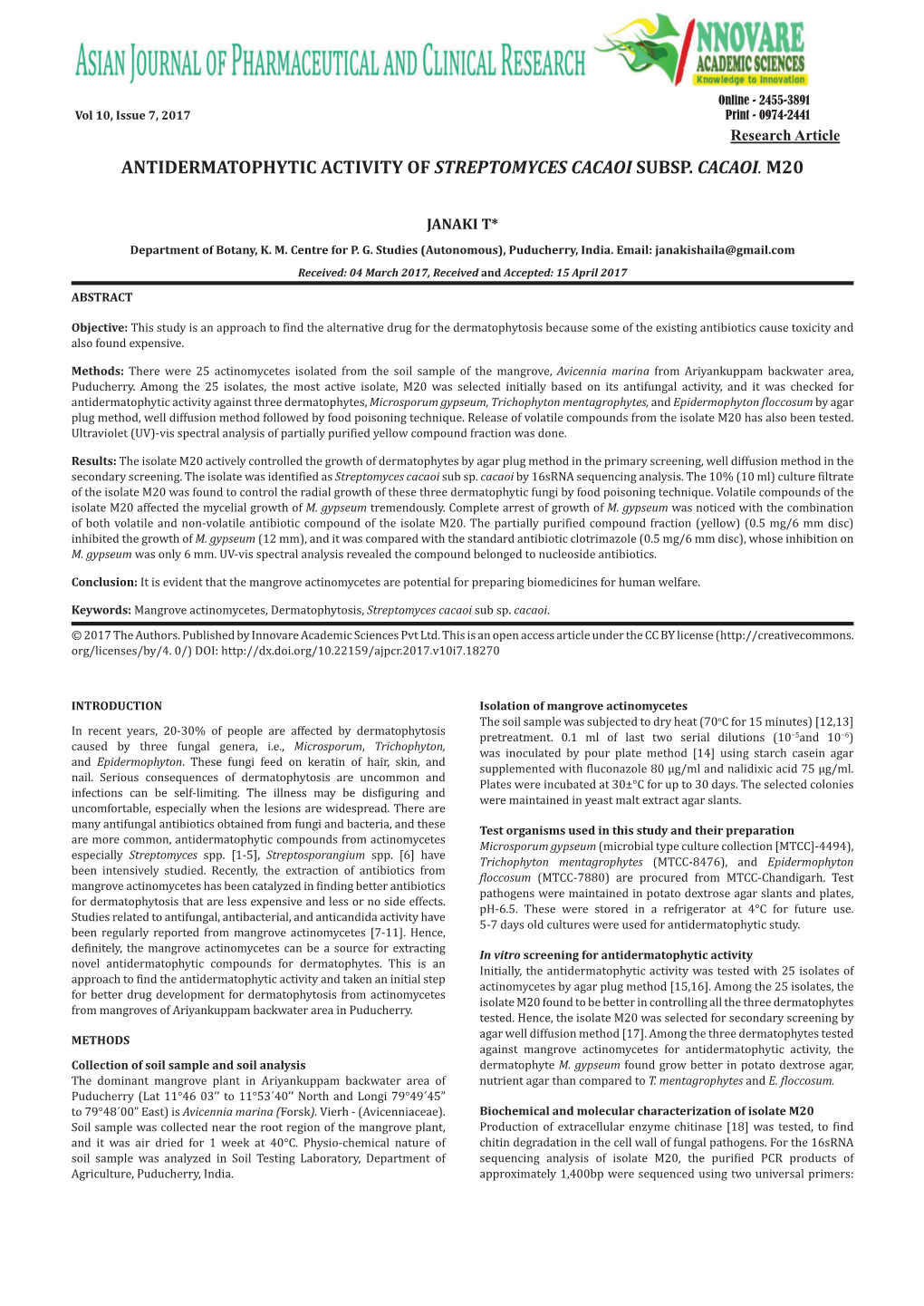 Antidermatophytic Activity of Streptomyces Cacaoi Subsp