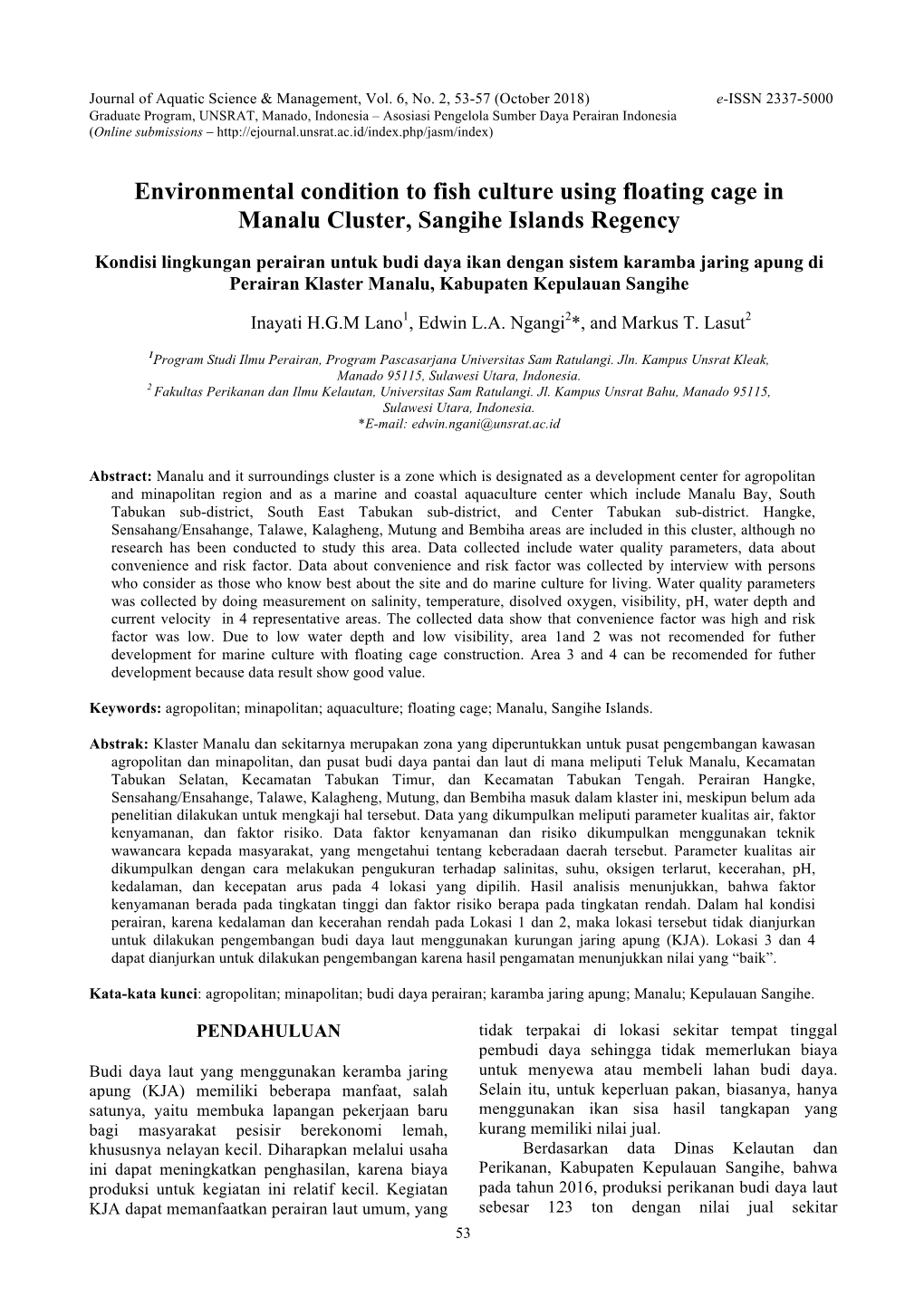 Environmental Condition to Fish Culture Using Floating Cage in Manalu Cluster, Sangihe Islands Regency