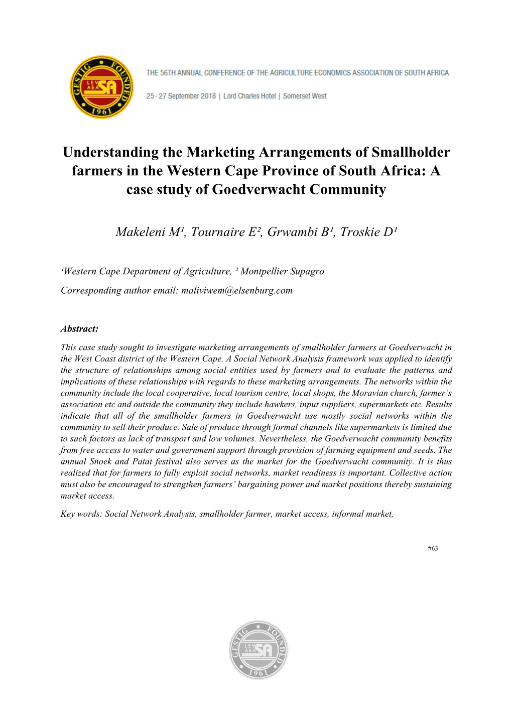 Understanding the Marketing Arrangements of Smallholder Farmers in the Western Cape Province of South Africa: a Case Study of Goedverwacht Community