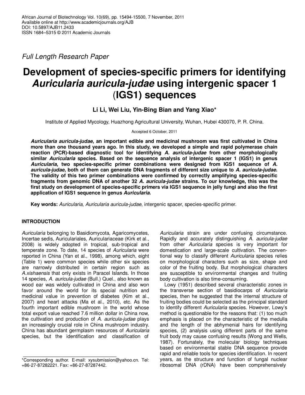 Development of Species-Specific Primers for Identifying Auricularia Auricula-Judae Using Intergenic Spacer 1 (IGS1) Sequences