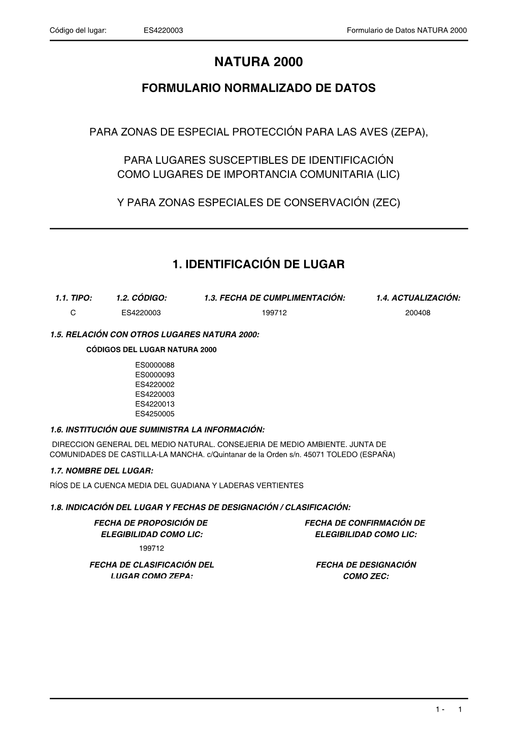 ES4220003 Formulario De Datos NATURA 2000