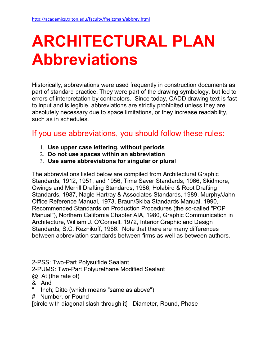 ARCHITECTURAL PLAN Abbreviations