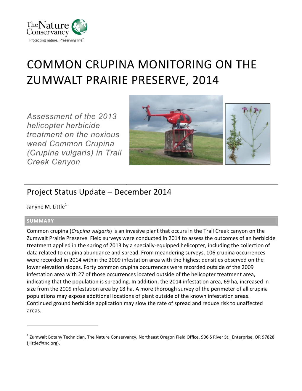 Common Crupina Monitoring on the Zumwalt Prairie Preserve, 2014