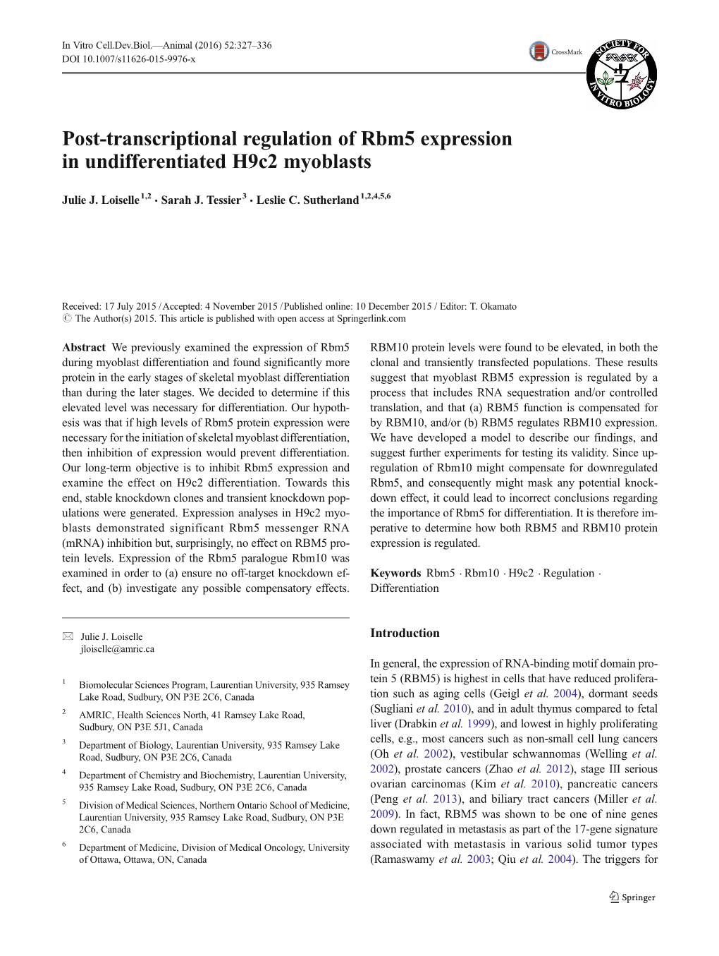 Post-Transcriptional Regulation of Rbm5 Expression in Undifferentiated H9c2 Myoblasts