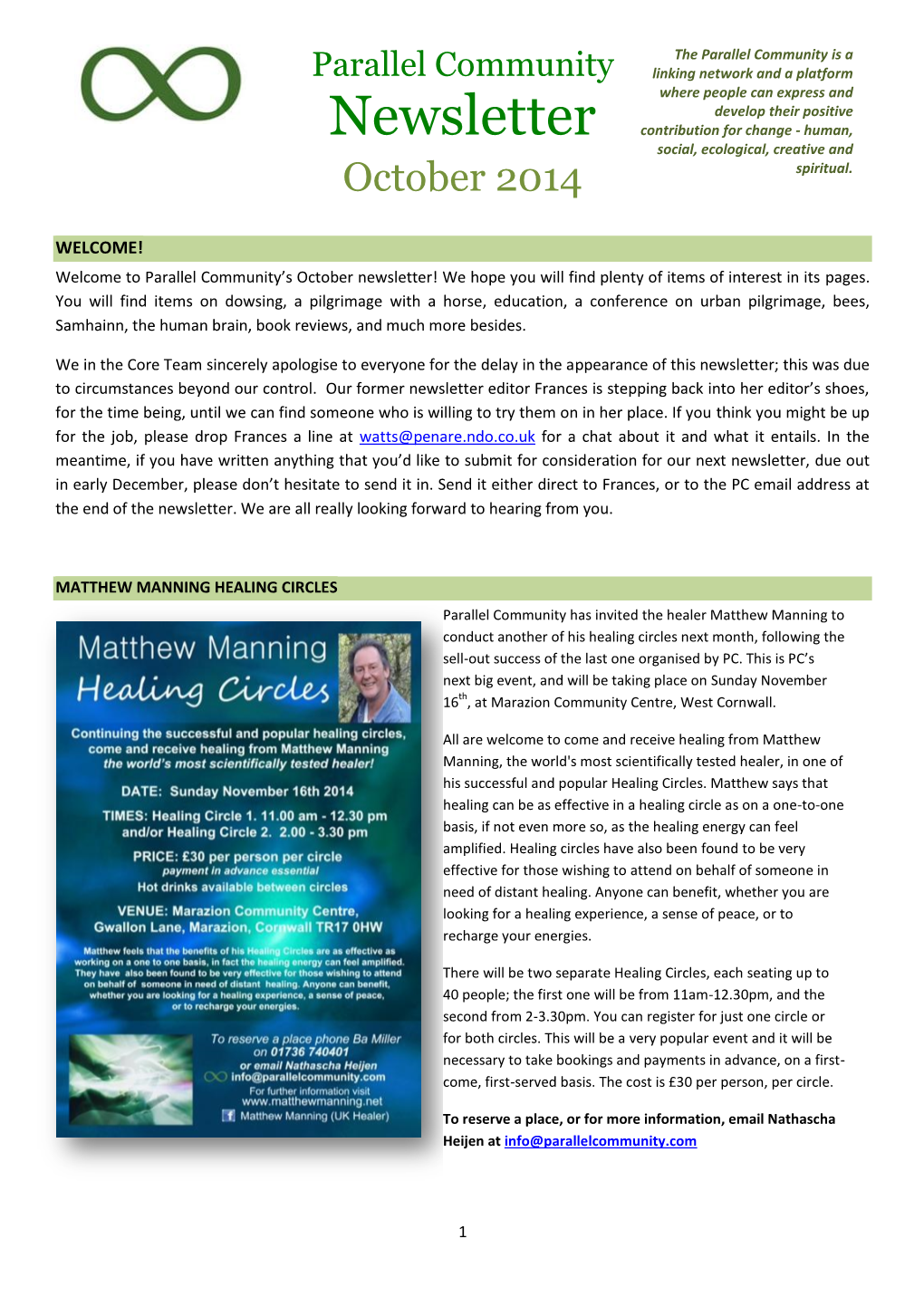 Newsletter Contribution for Change - Human, Social, Ecological, Creative and October 2014 Spiritual