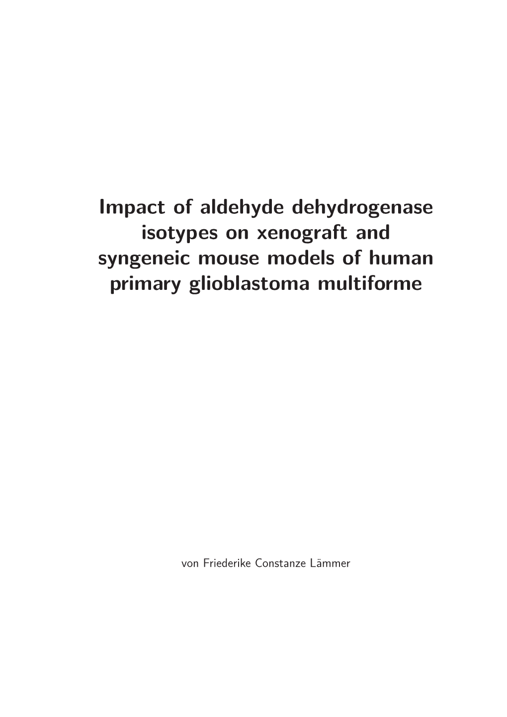 Impact of Aldehyde Dehydrogenase Isotypes on Xenograft and Syngeneic Mouse Models of Human Primary Glioblastoma Multiforme