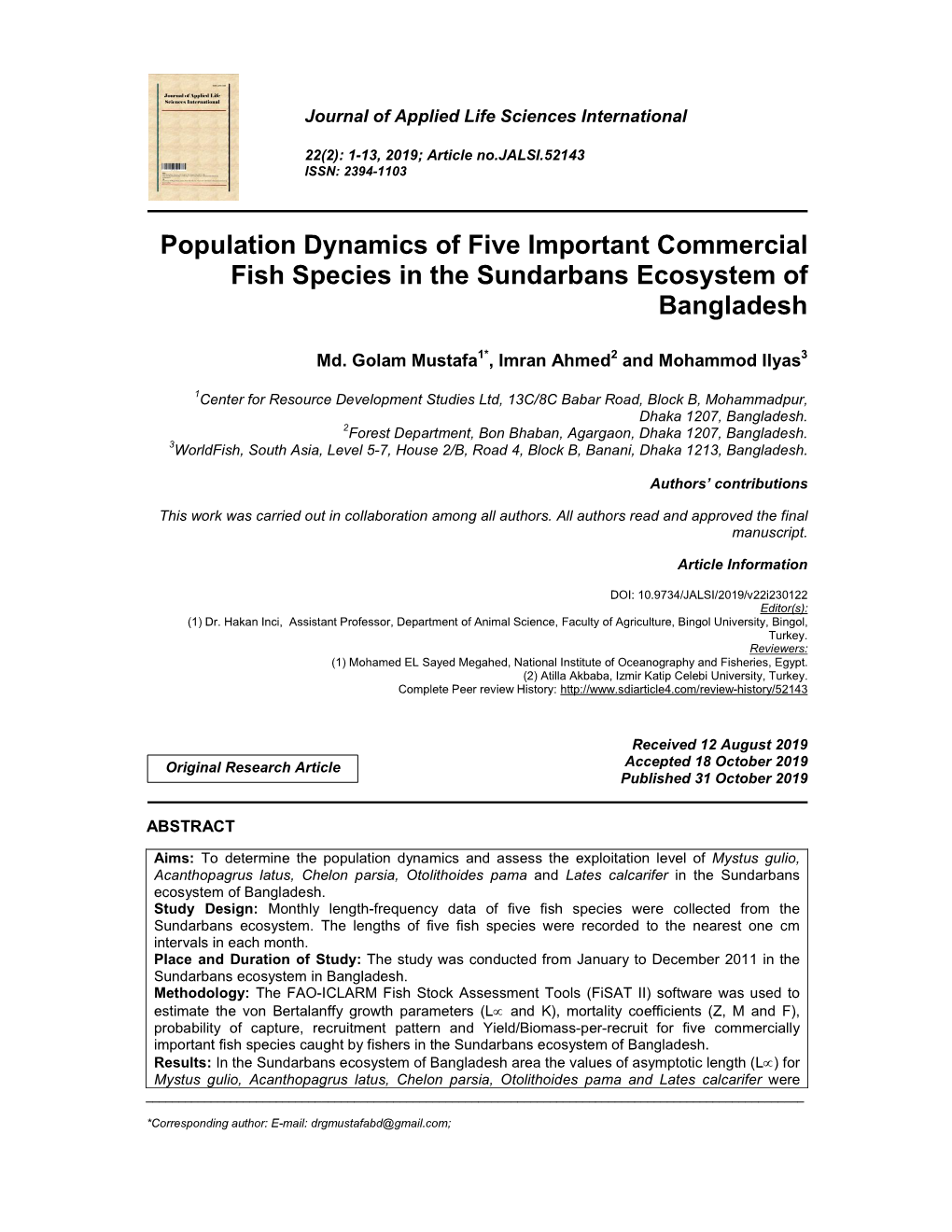 Population Dynamics of Five Important Commercial Fish Species in the Sundarbans Ecosystem of Bangladesh