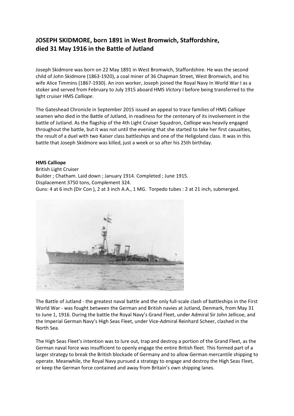 JOSEPH SKIDMORE, Born 1891 in West Bromwich, Staffordshire, Died 31 May 1916 in the Battle of Jutland