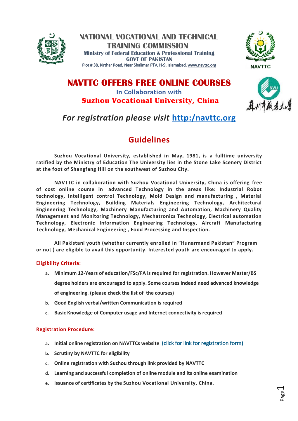 NAVTTC OFFERS FREE ONLINE COURSES for Registration Please