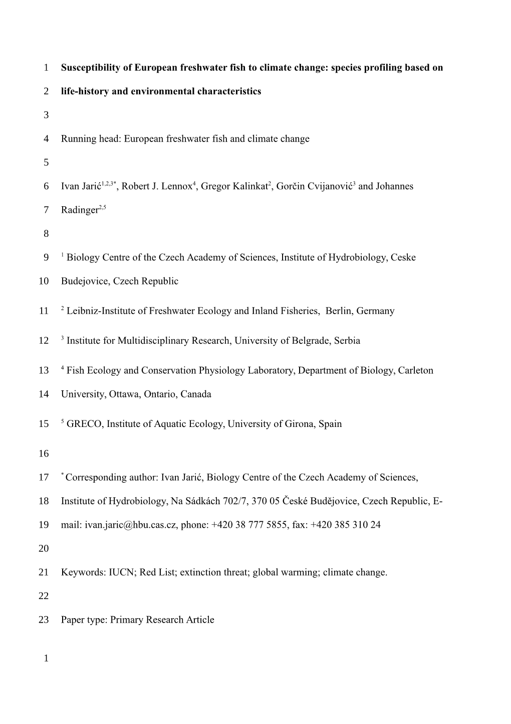 Susceptibility of European Freshwater Fish to Climate Change: Species Profiling Based On