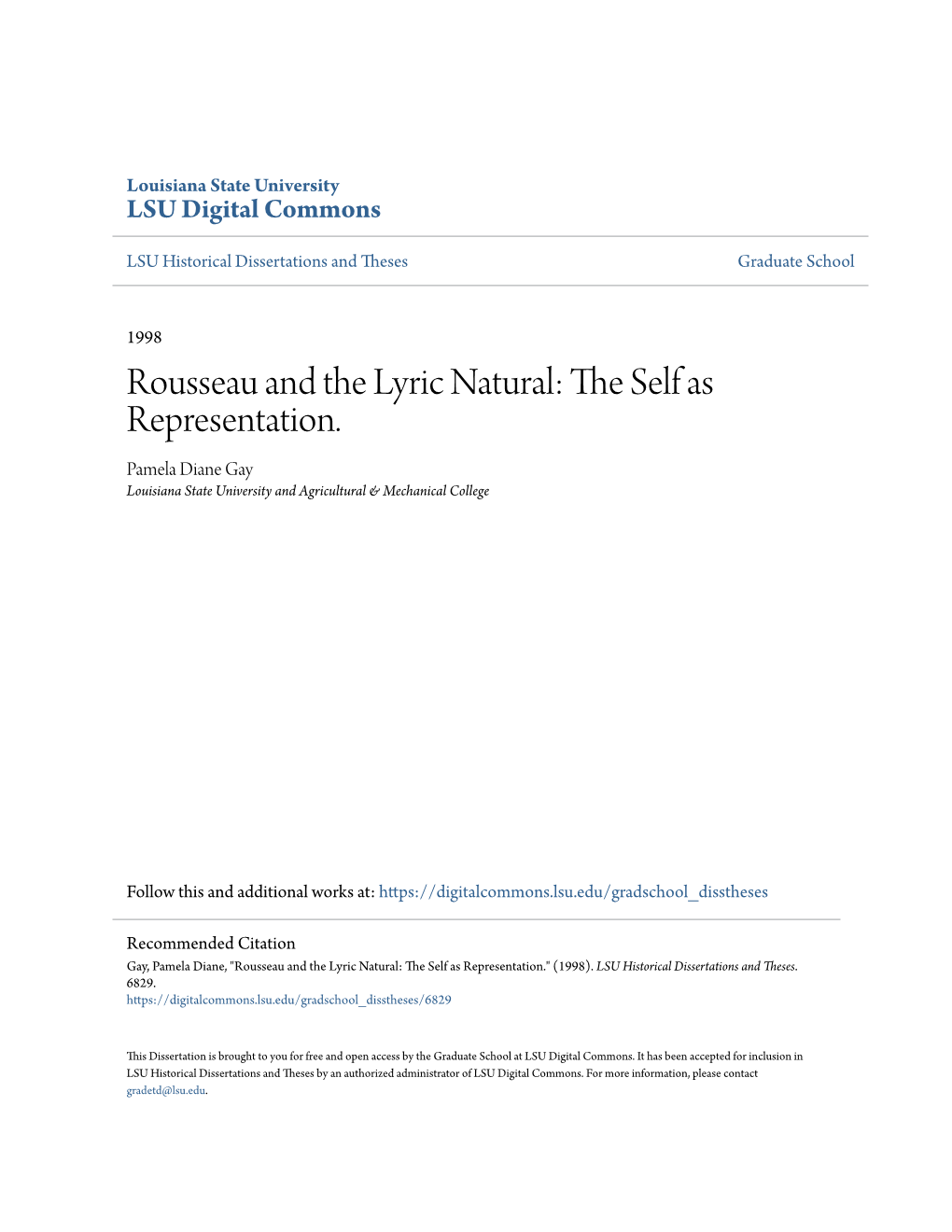 Rousseau and the Lyric Natural: the Self As Representation