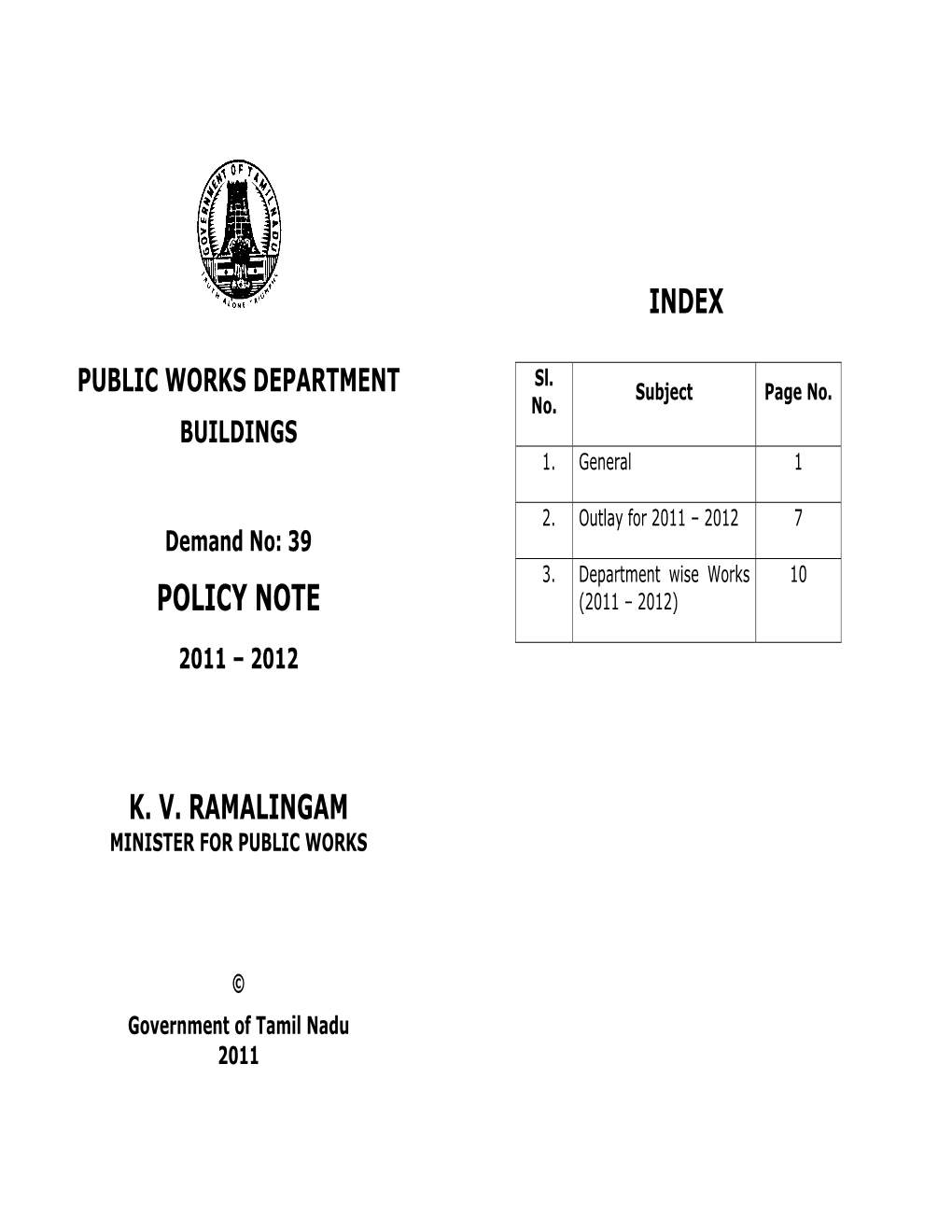 PUBLIC WORKS DEPARTMENT Subject Page No