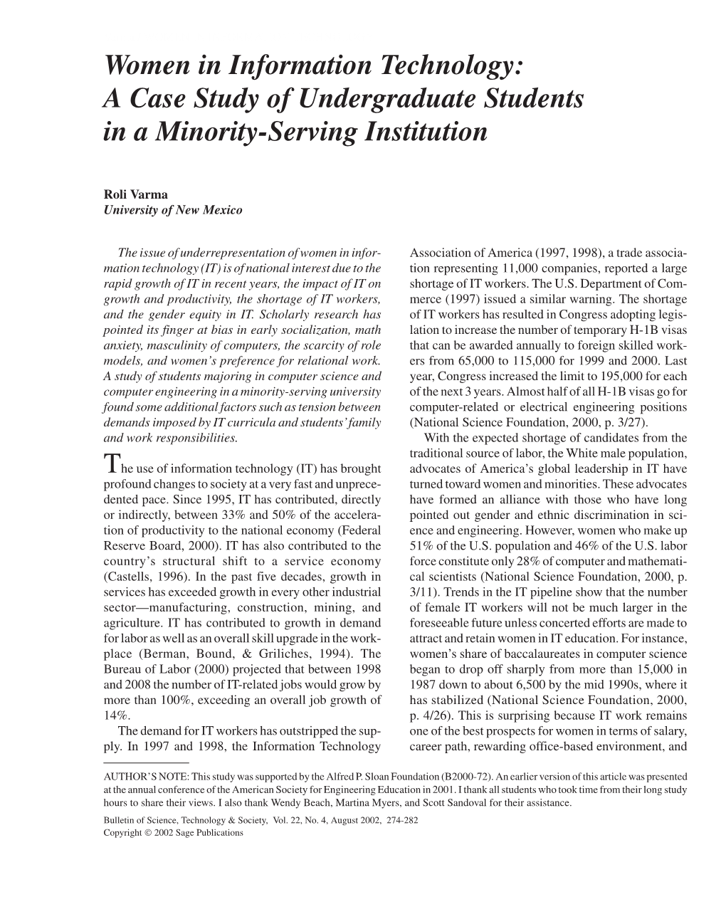 WOMEN in INFORMATION TECHNOLOGY Women in Information Technology: a Case Study of Undergraduate Students in a Minority-Serving Institution