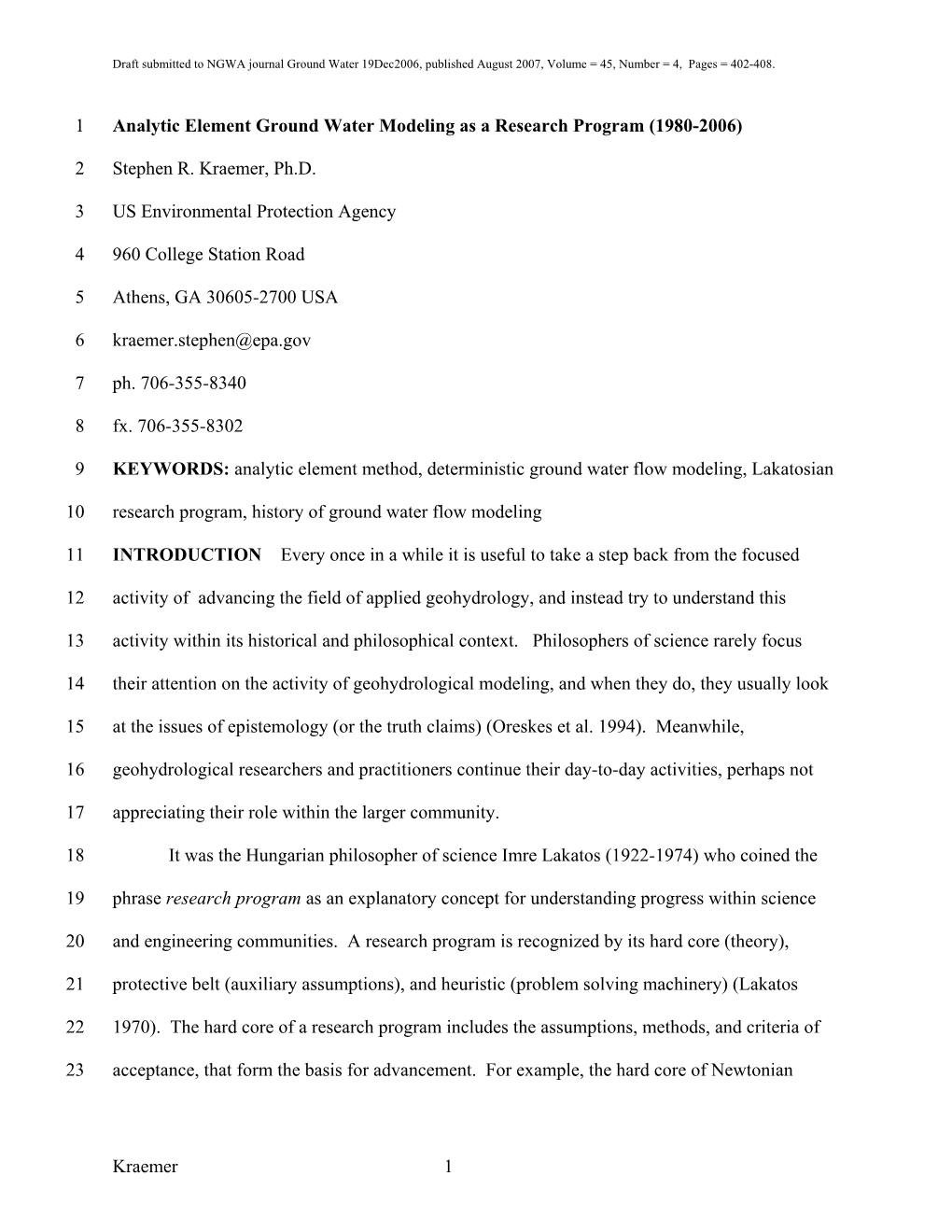 Kraemer 1 Analytic Element Ground Water Modeling As a Research