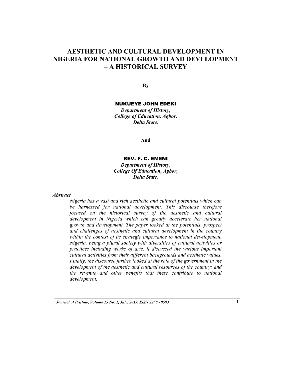 Aesthetic and Cultural Development in Nigeria for National Growth and Development – a Historical Survey