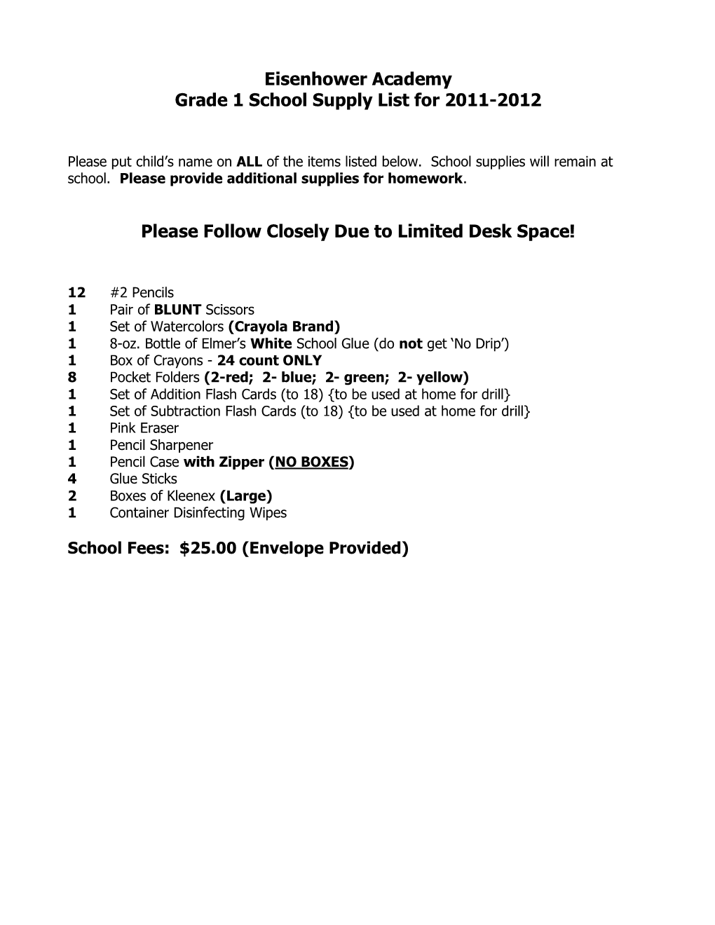 Eisenhower Academy Grade 1 School Supply List for 2011-2012