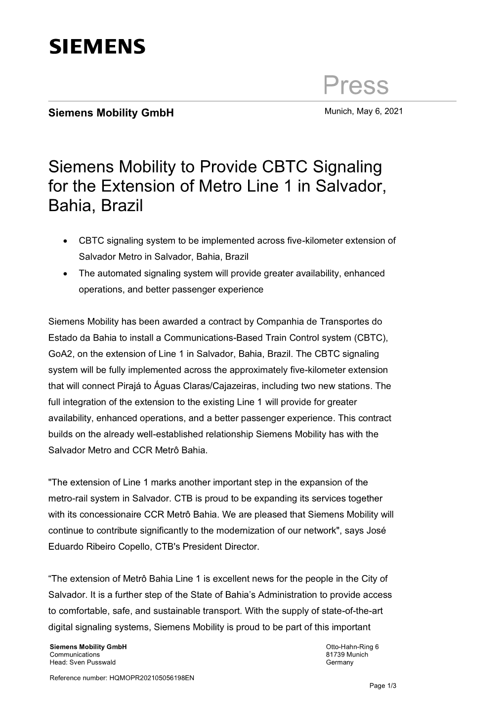 Siemens Mobility to Provide CBTC Signaling for the Extension of Metro Line 1 in Salvador, Bahia, Brazil