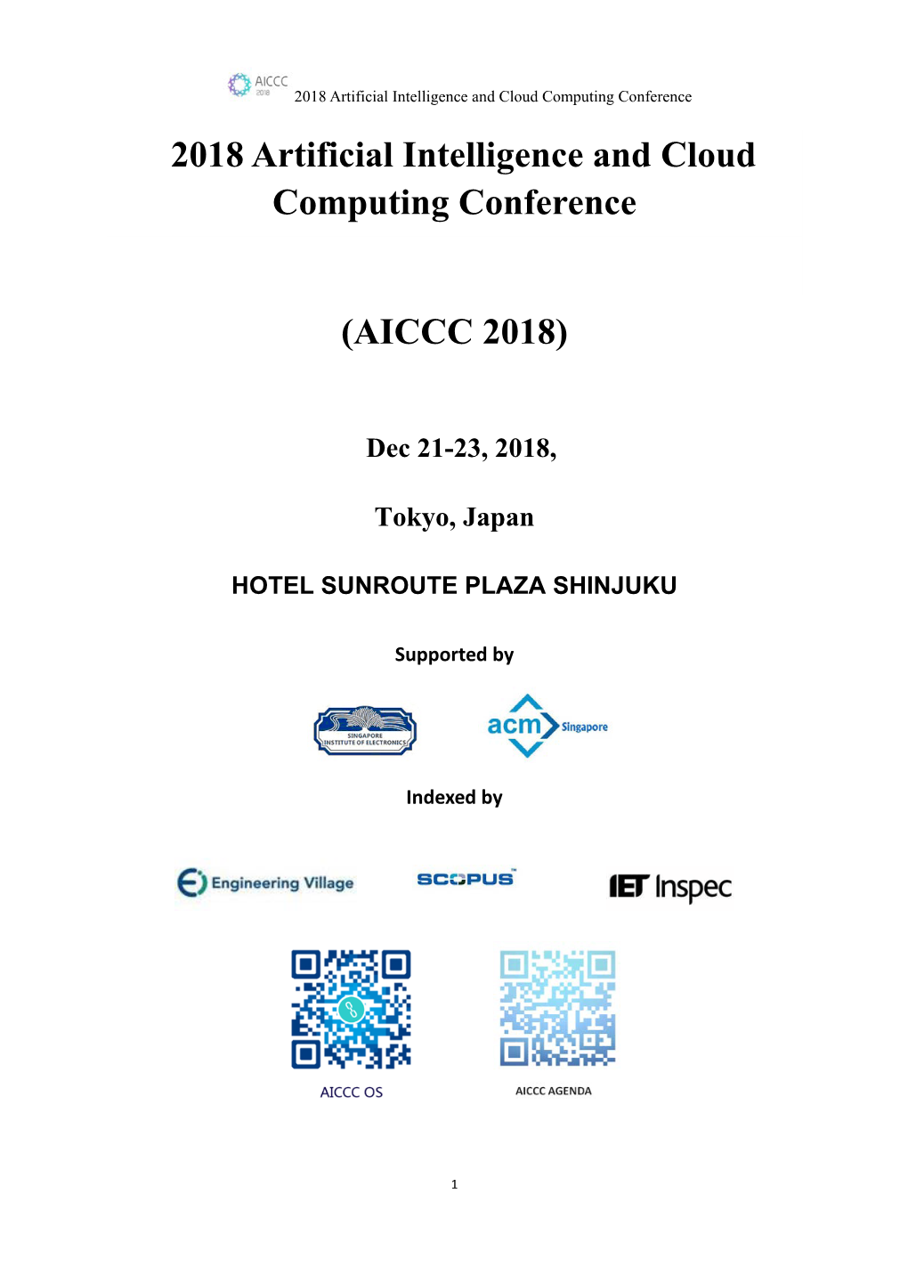 2018 Artificial Intelligence and Cloud Computing Conference (AICCC 2018)