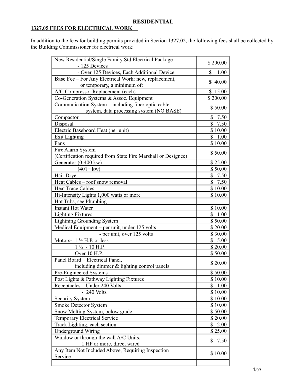 1327.05 Fees for Electrical Work