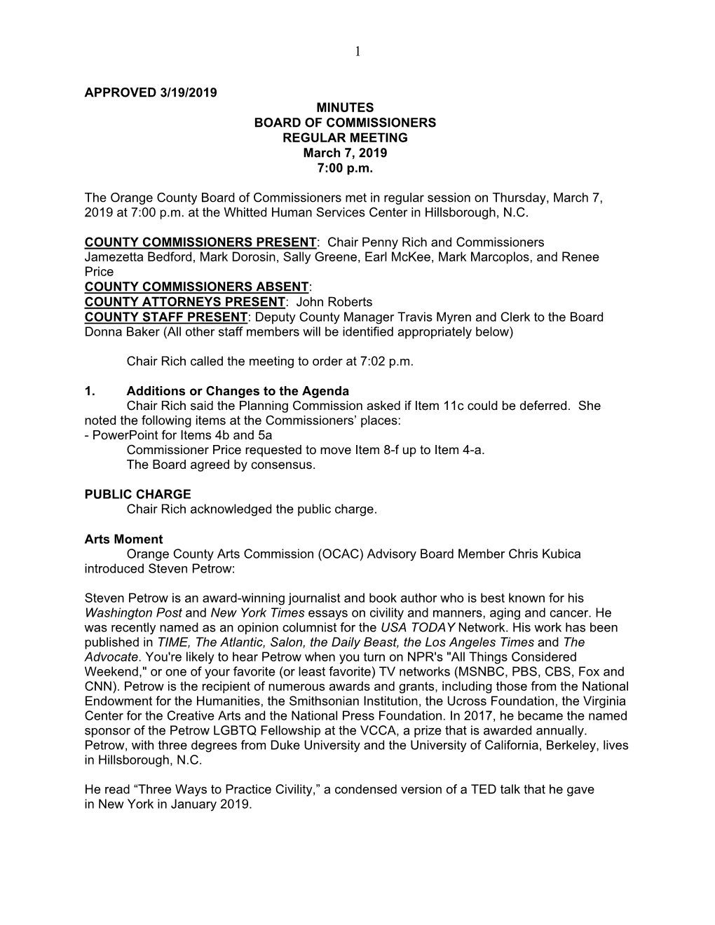 APPROVED 3/19/2019 MINUTES BOARD of COMMISSIONERS REGULAR MEETING March 7, 2019 7:00 P.M