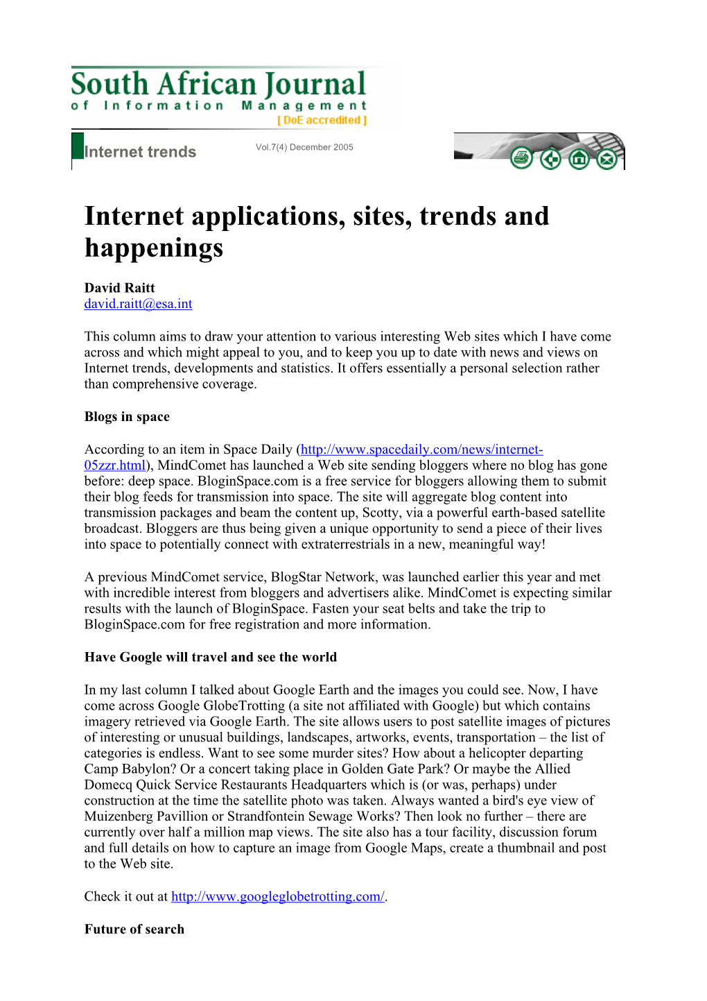 Internet Applications, Sites, Trends and Happenings
