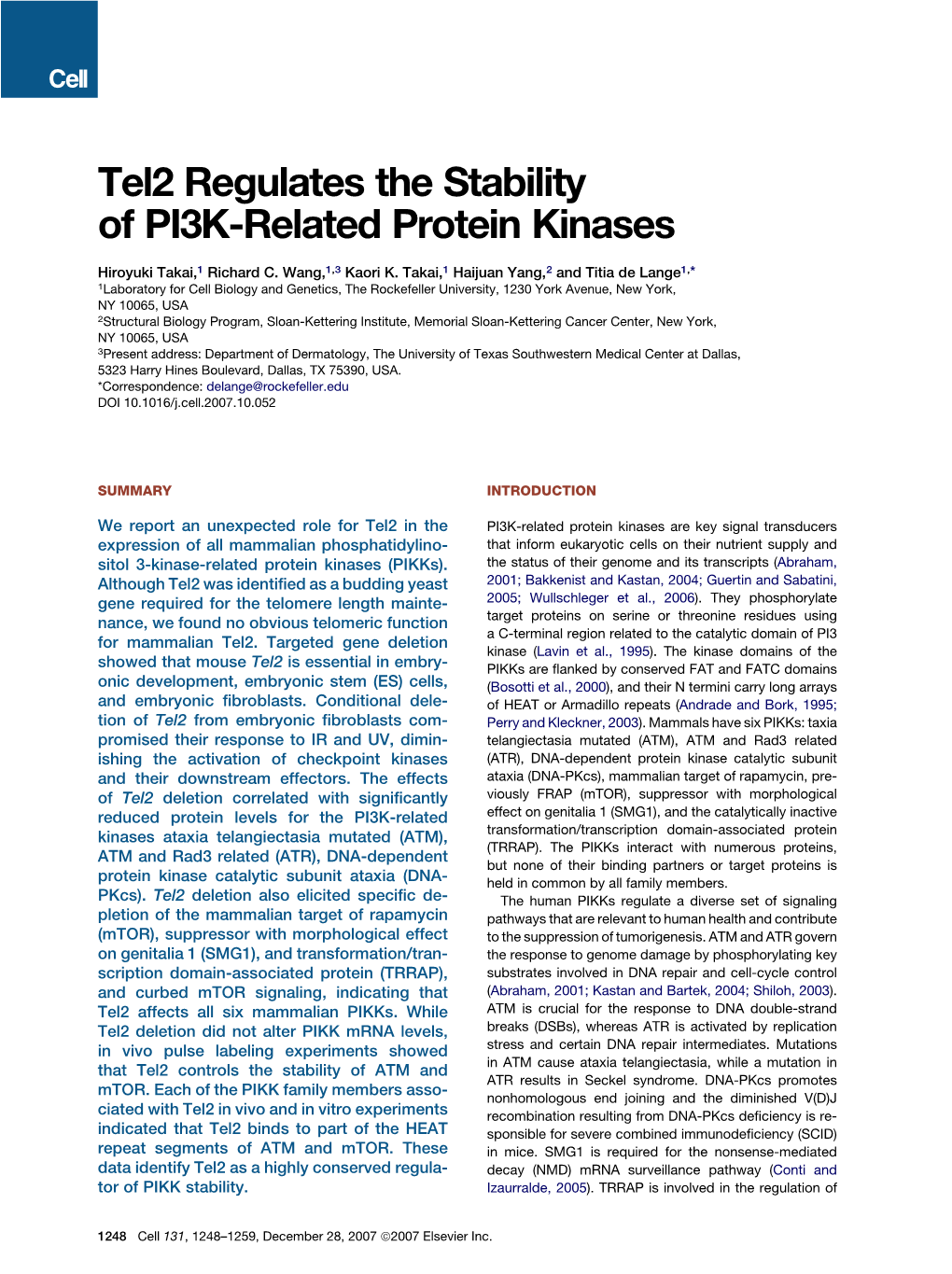 Tel2 Regulates the Stability of PI3K-Related Protein Kinases