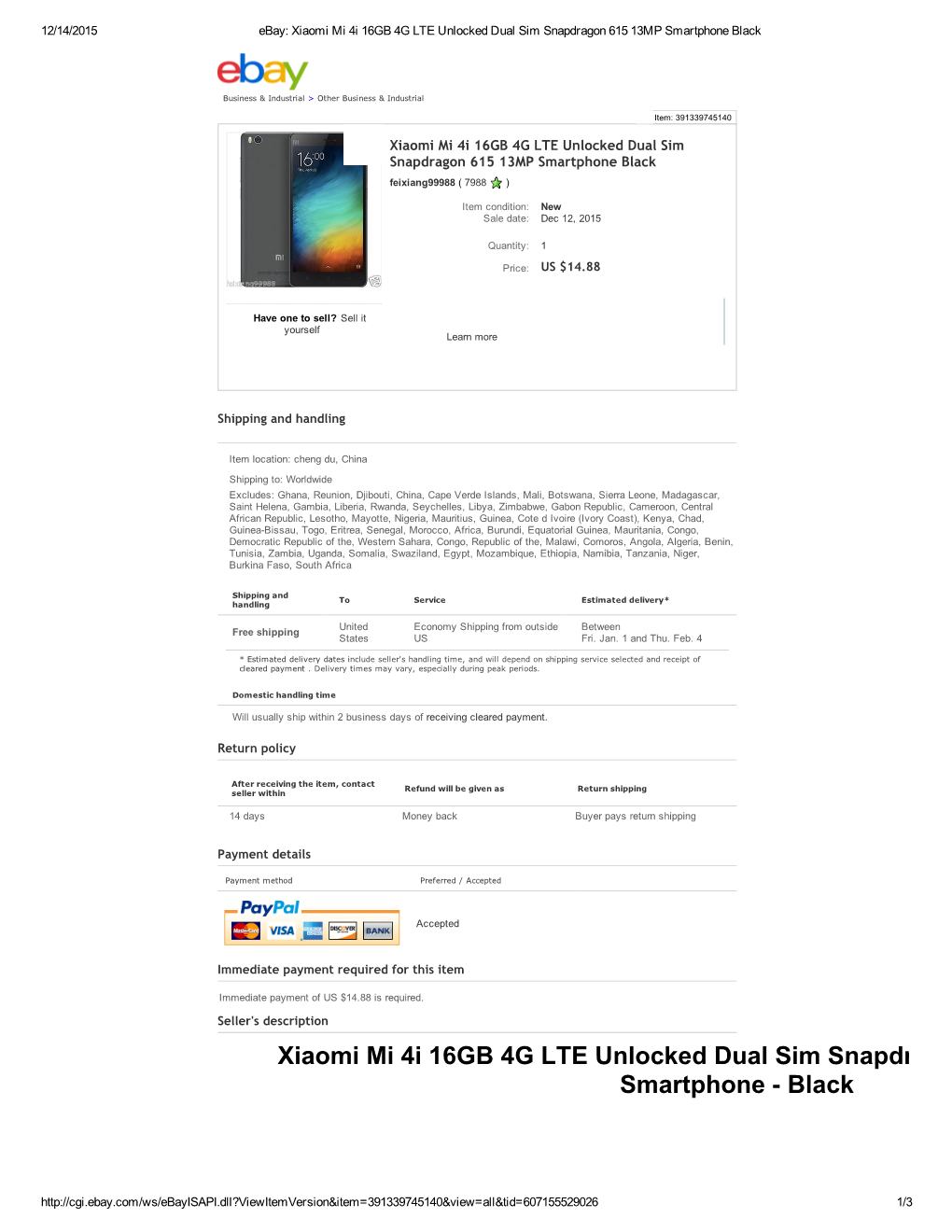 Xiaomi Mi 4I 16GB 4G LTE Unlocked Dual Sim Snapdragon 615 13MP Smartphone Black