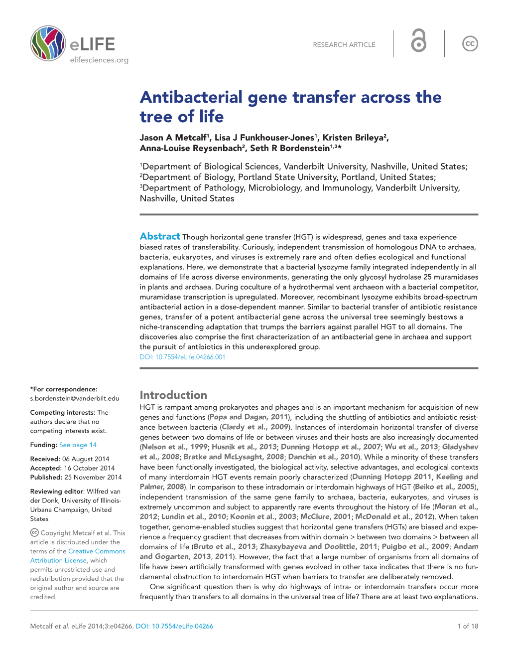 Antibacterial Gene Transfer Across the Tree of Life Jason a Metcalf1, Lisa J Funkhouser-Jones1, Kristen Brileya2, Anna-Louise Reysenbach2, Seth R Bordenstein1,3*