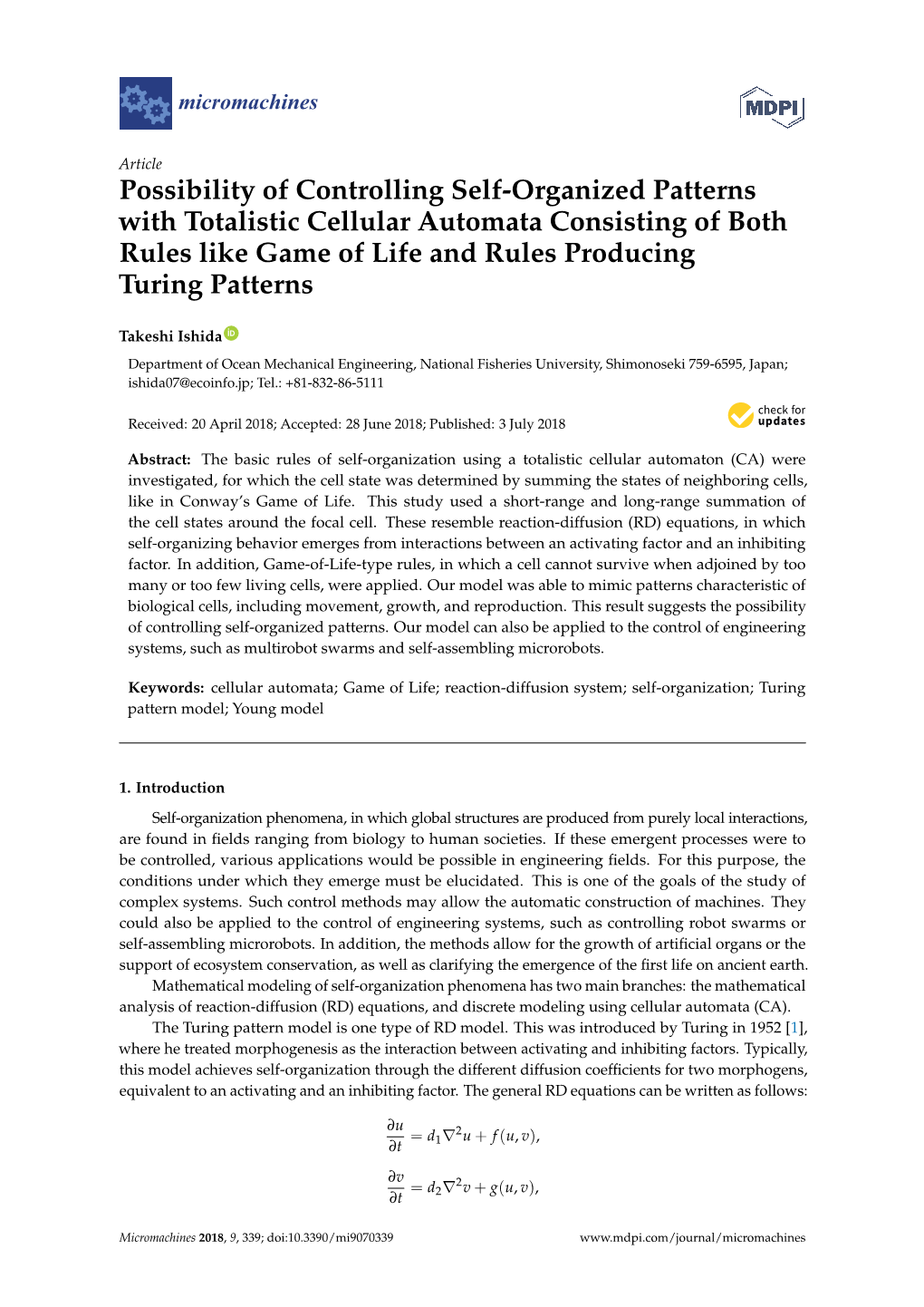 Possibility of Controlling Self-Organized Patterns with Totalistic Cellular Automata Consisting of Both Rules Like Game of Life and Rules Producing Turing Patterns