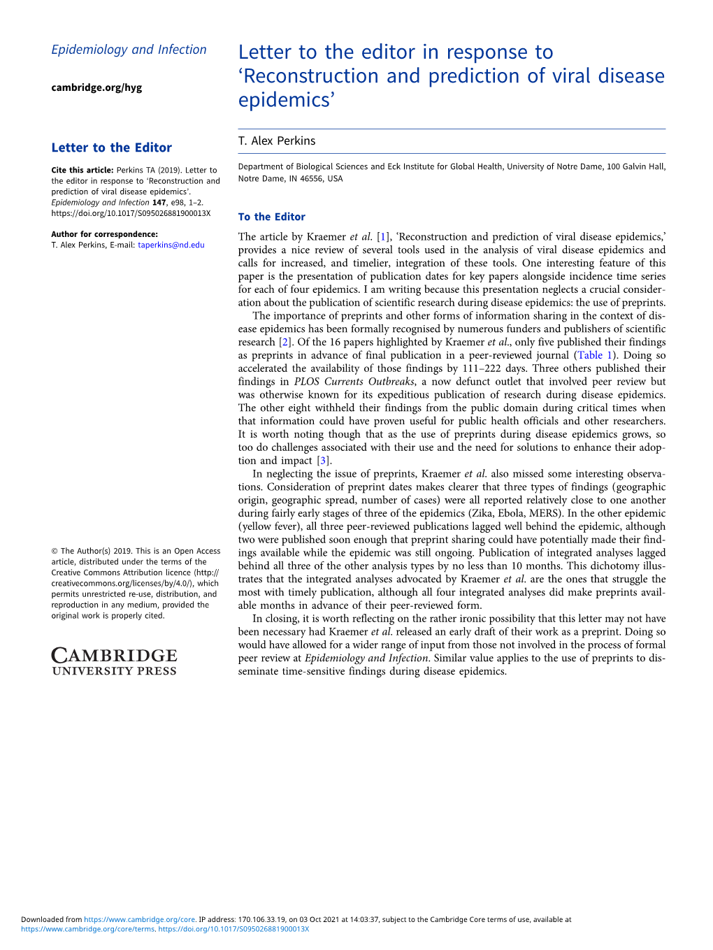 Reconstruction and Prediction of Viral Disease Epidemics,’ T