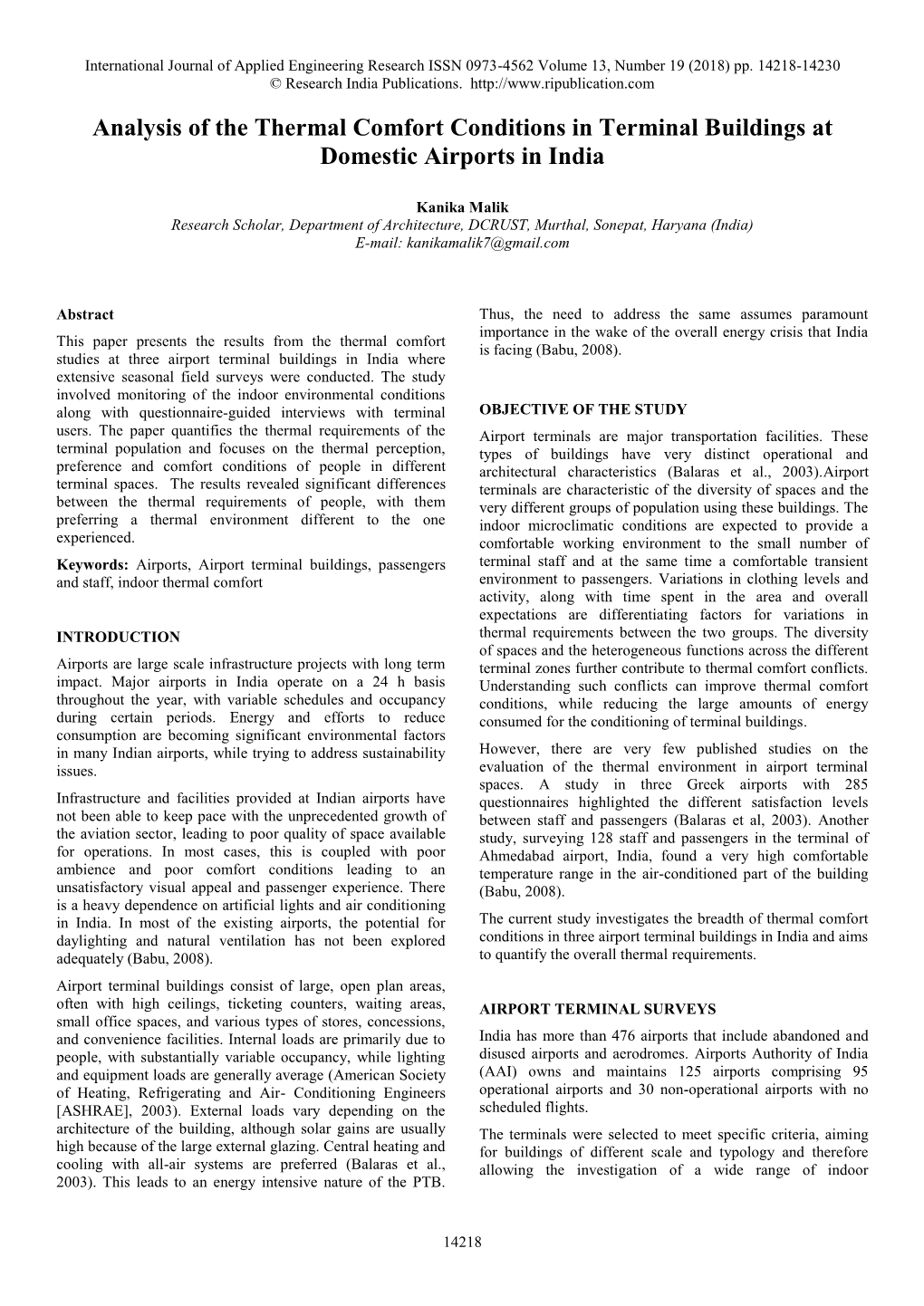 Analysis of the Thermal Comfort Conditions in Terminal Buildings at Domestic Airports in India