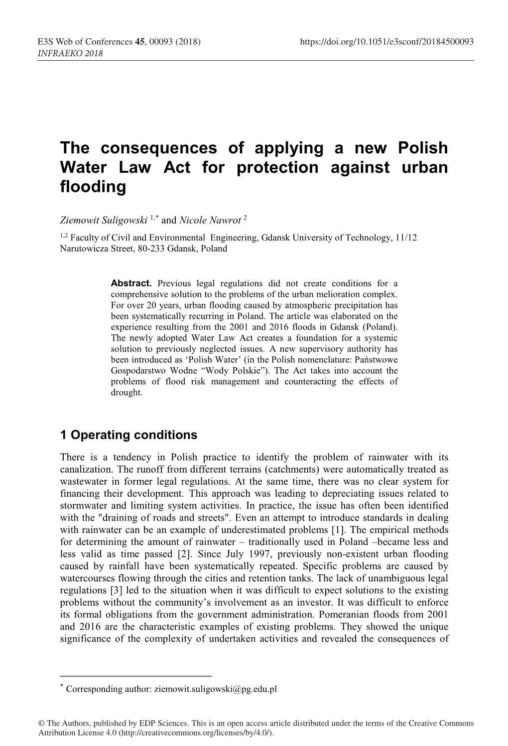 The Consequences of Applying a New Polish Water Law Act for Protection Against Urban Flooding