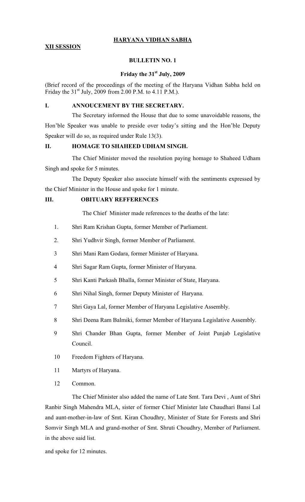 HARYANA VIDHAN SABHA XII SESSION BULLETIN NO. 1 Friday