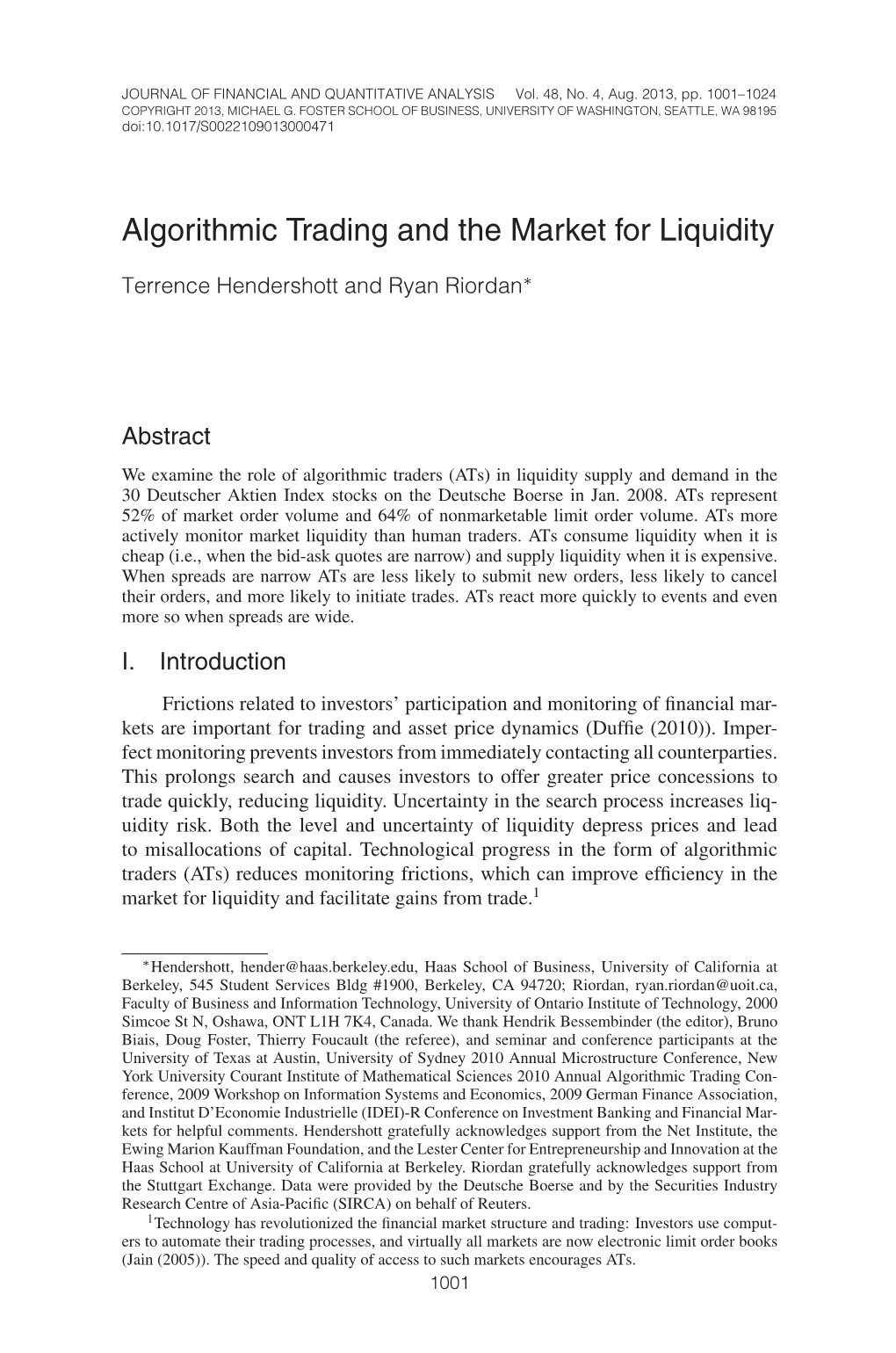 Algorithmic Trading and the Market for Liquidity