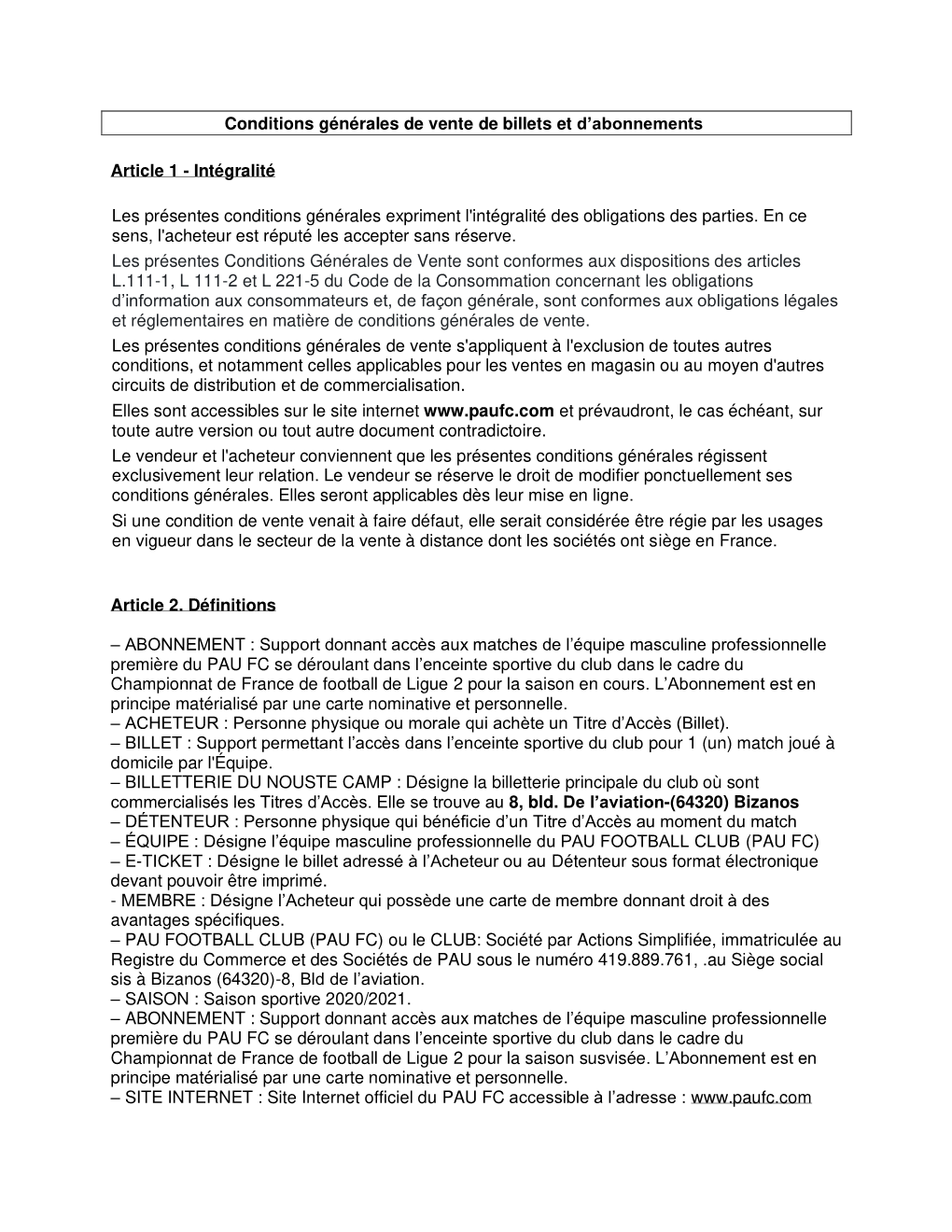 Conditions Générales De Vente De Billets Et D'abonnements