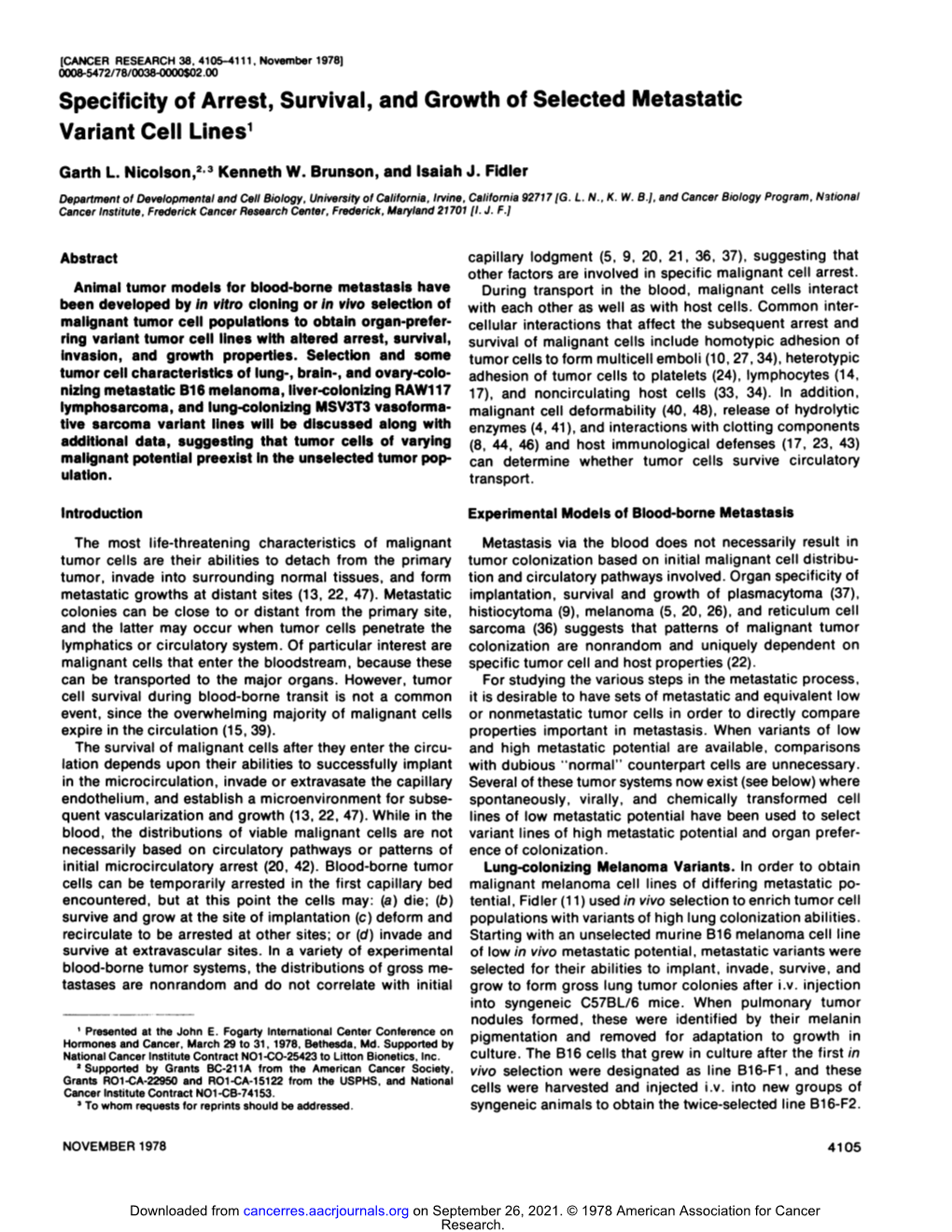 Specificity of Arrest, Survival, and Growth of Selected Metastatic Variant Cell Lines1